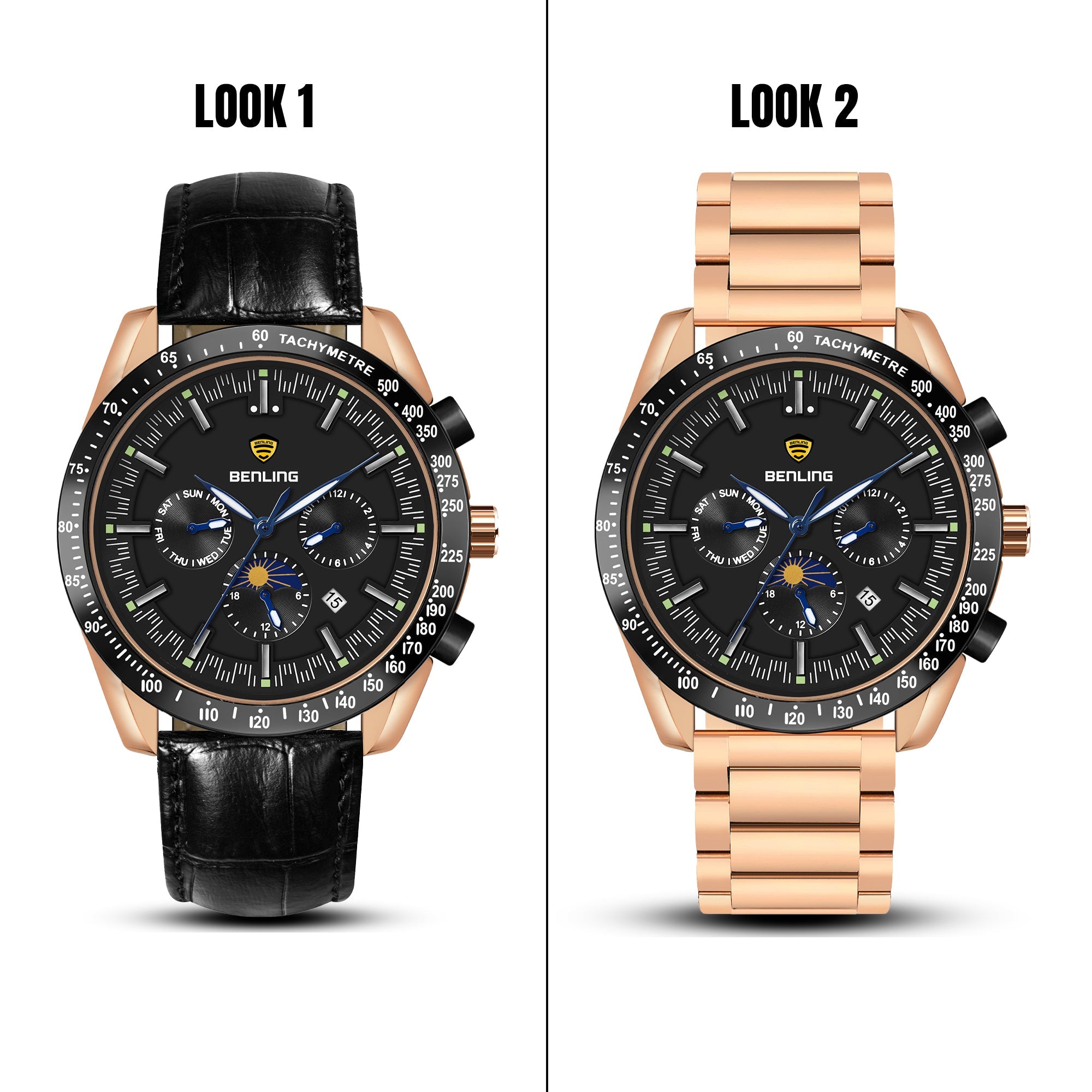 Benling Legacy Chrono Automatic Watch for Men with Interchangeable Leather Strap & Stainless Steel Chain –  A Masterpiece of Mechanical Precision