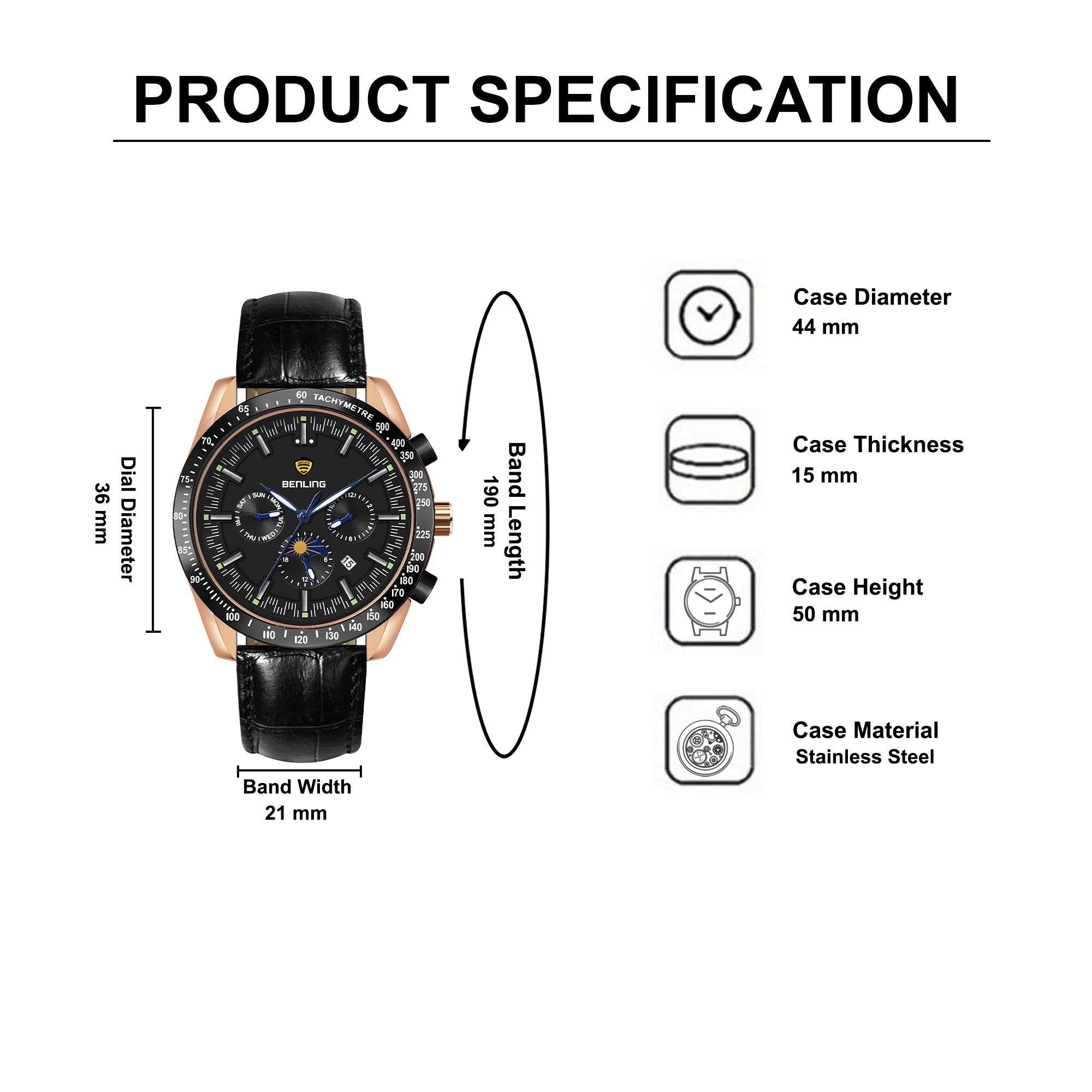 Benling Legacy Chrono Automatic Watch for Men with Interchangeable Leather Strap & Stainless Steel Chain –  A Masterpiece of Mechanical Precision