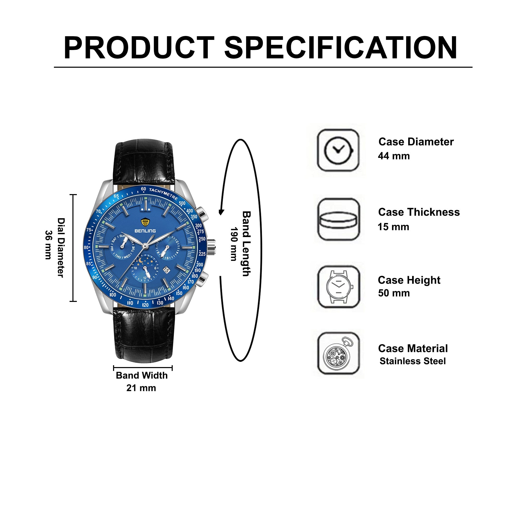 Benling Legacy Chrono Automatic Watch for Men with Interchangeable Leather Strap & Stainless Steel Chain –  A Masterpiece of Mechanical Precision
