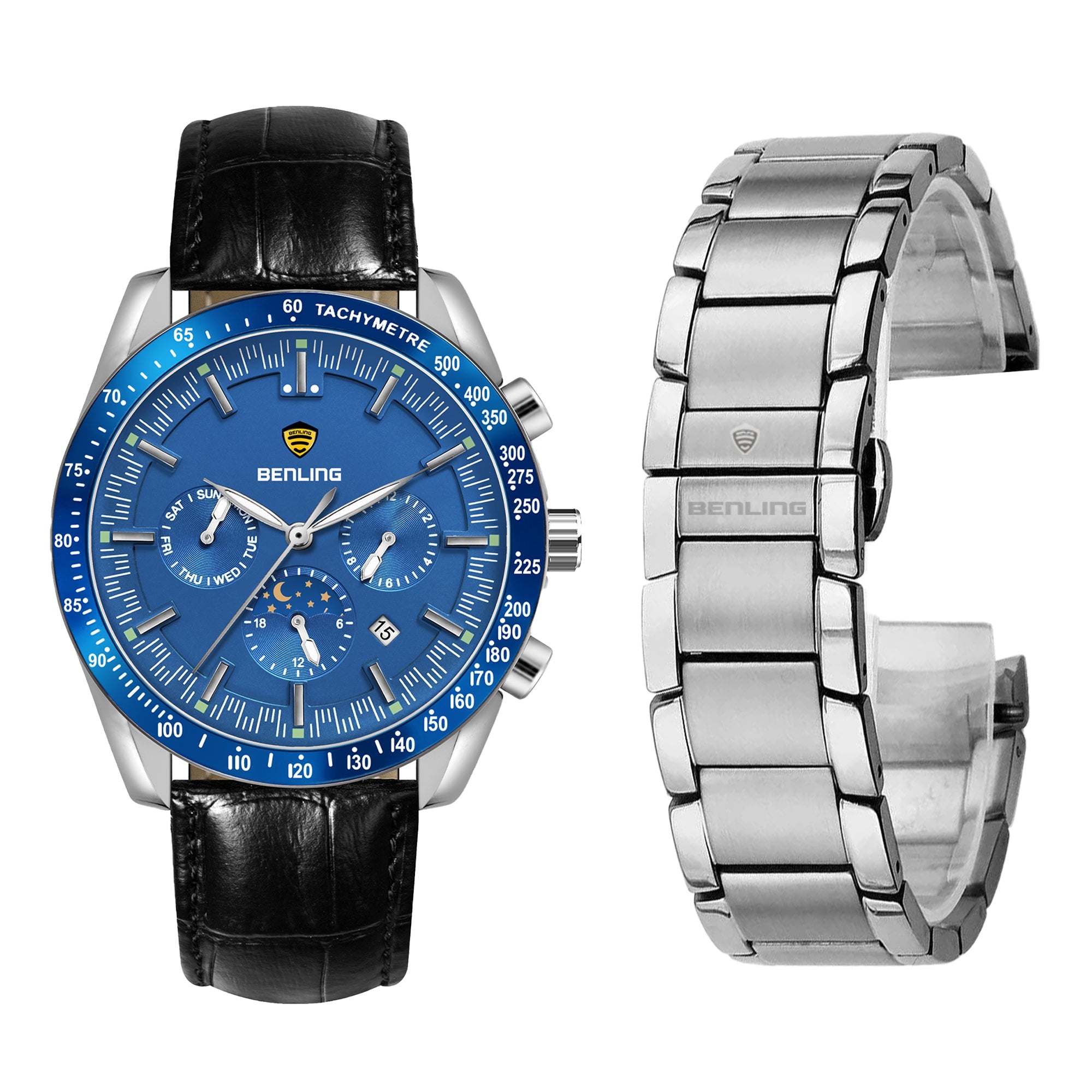 Benling Legacy Chrono Automatic Watch for Men with Interchangeable Leather Strap & Stainless Steel Chain –  A Masterpiece of Mechanical Precision