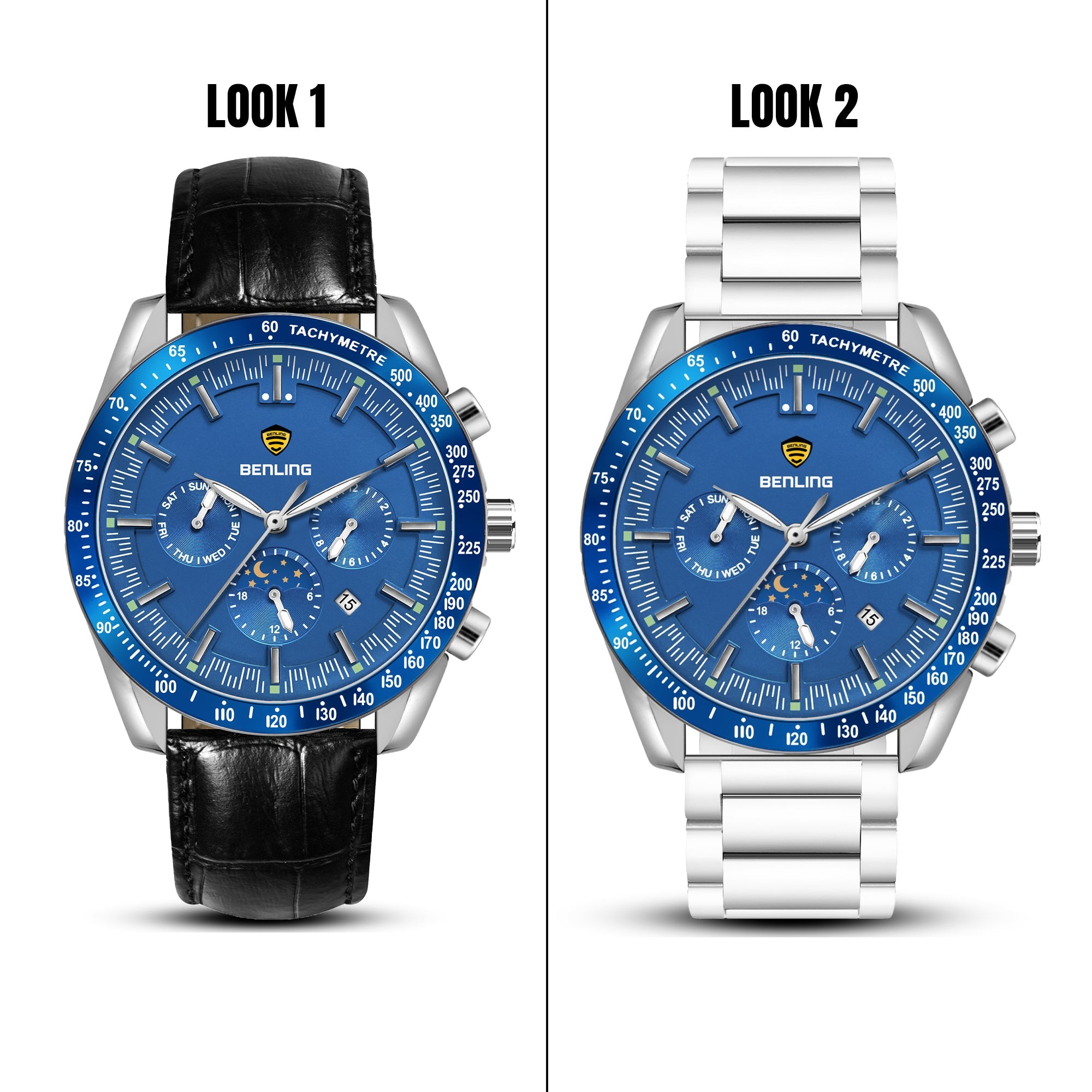 Benling Legacy Chrono Automatic Watch for Men with Interchangeable Leather Strap & Stainless Steel Chain –  A Masterpiece of Mechanical Precision