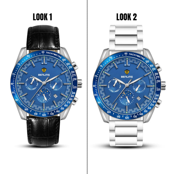 Benling Legacy Chrono Automatic Watch for Men with Interchangeable Leather Strap & Stainless Steel Chain –  A Masterpiece of Mechanical Precision