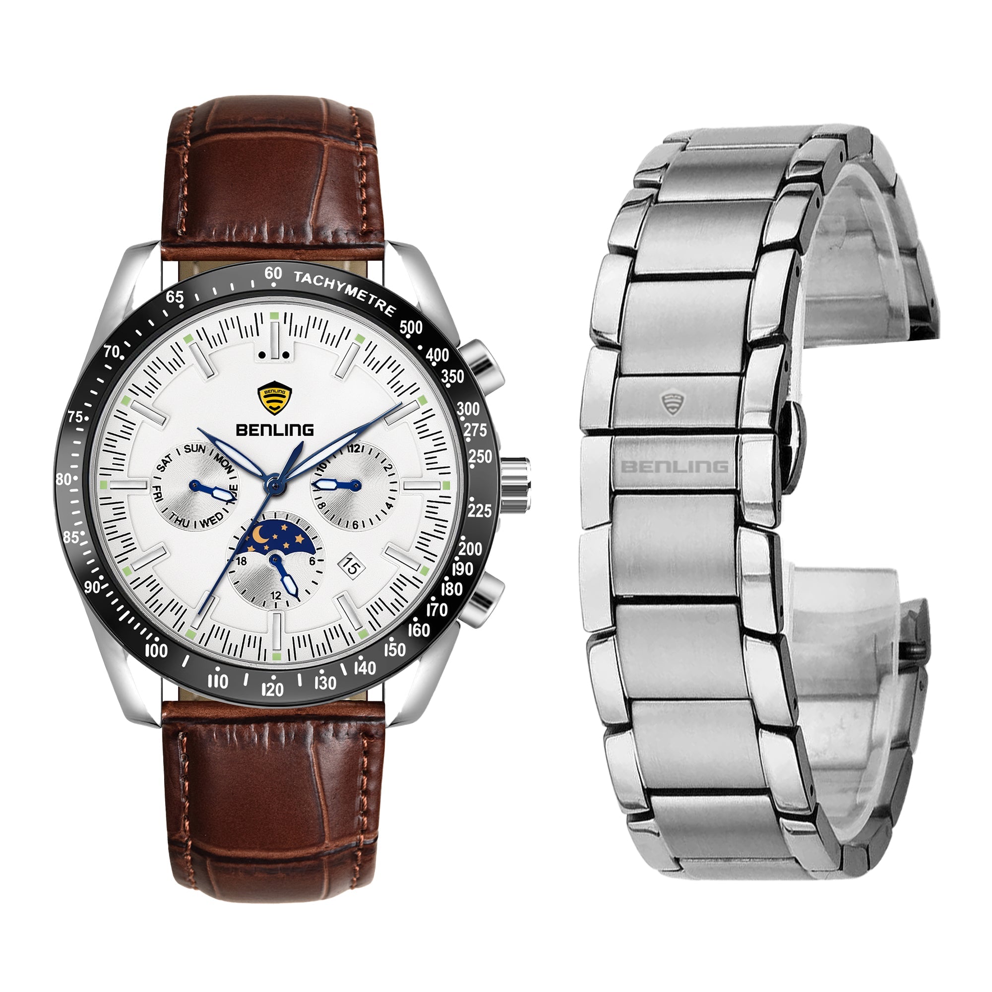 Benling Legacy Chrono Automatic Watch for Men with Interchangeable Leather Strap & Stainless Steel Chain –  A Masterpiece of Mechanical Precision