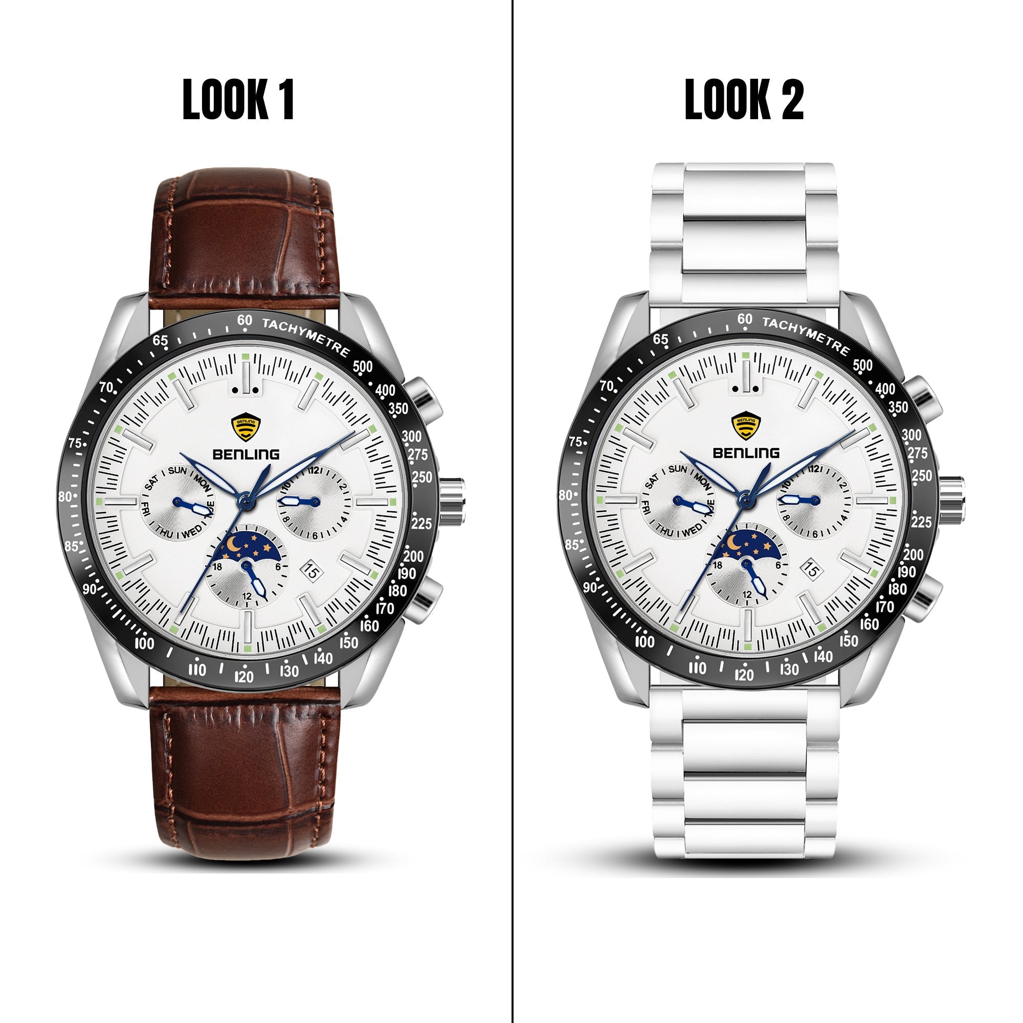 Benling Legacy Chrono Automatic Watch for Men with Interchangeable Leather Strap & Stainless Steel Chain –  A Masterpiece of Mechanical Precision