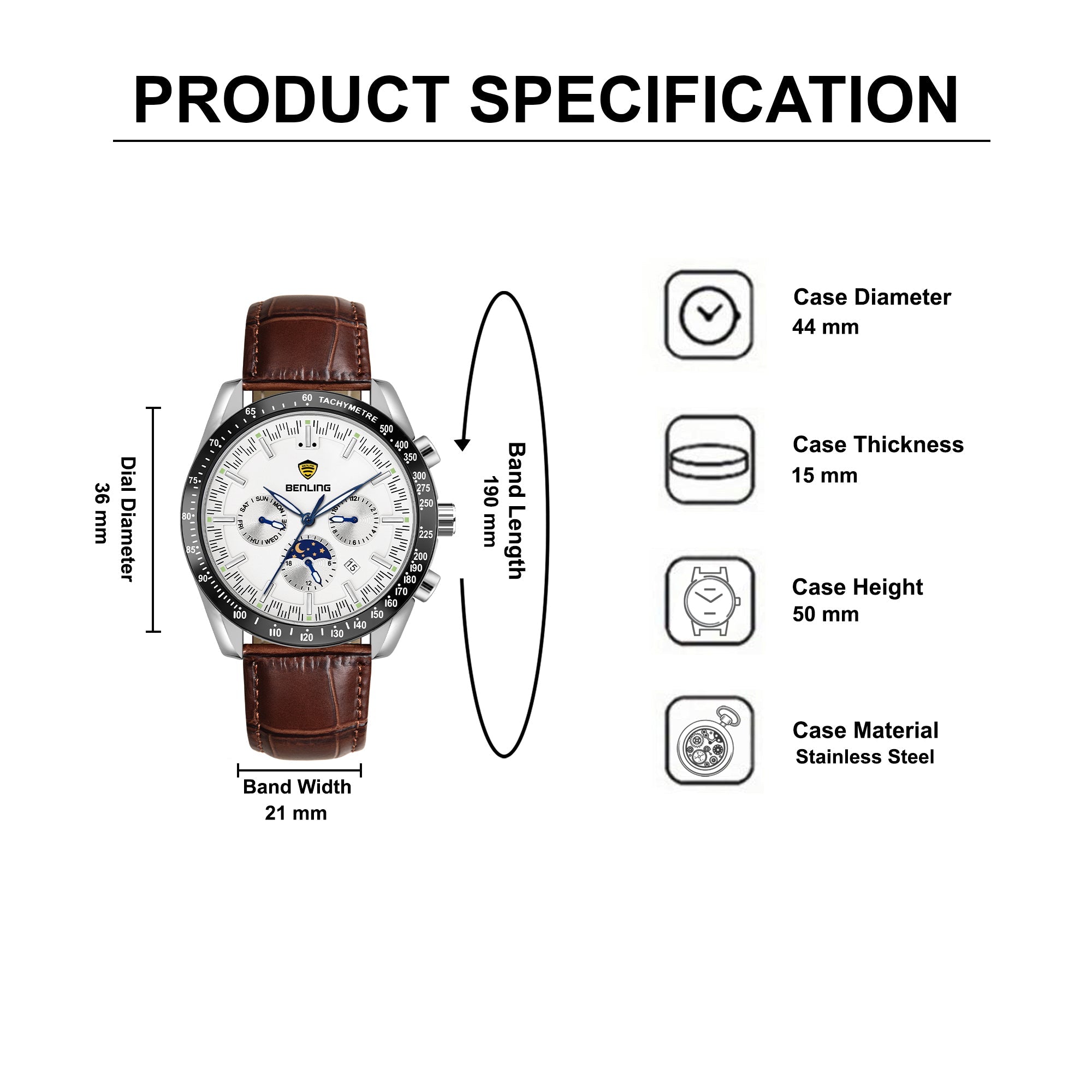 Benling Legacy Chrono Automatic Watch for Men with Interchangeable Leather Strap & Stainless Steel Chain –  A Masterpiece of Mechanical Precision