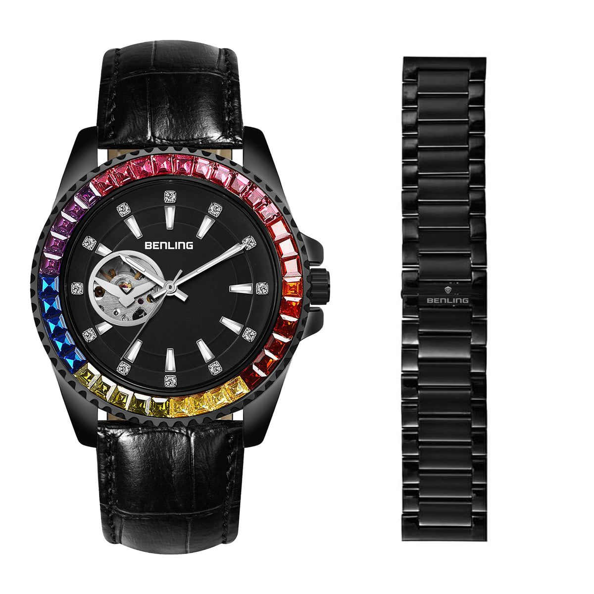 Benling Prism Royale – Rainbow Bezel Automatic with Open Heart Dial Benling