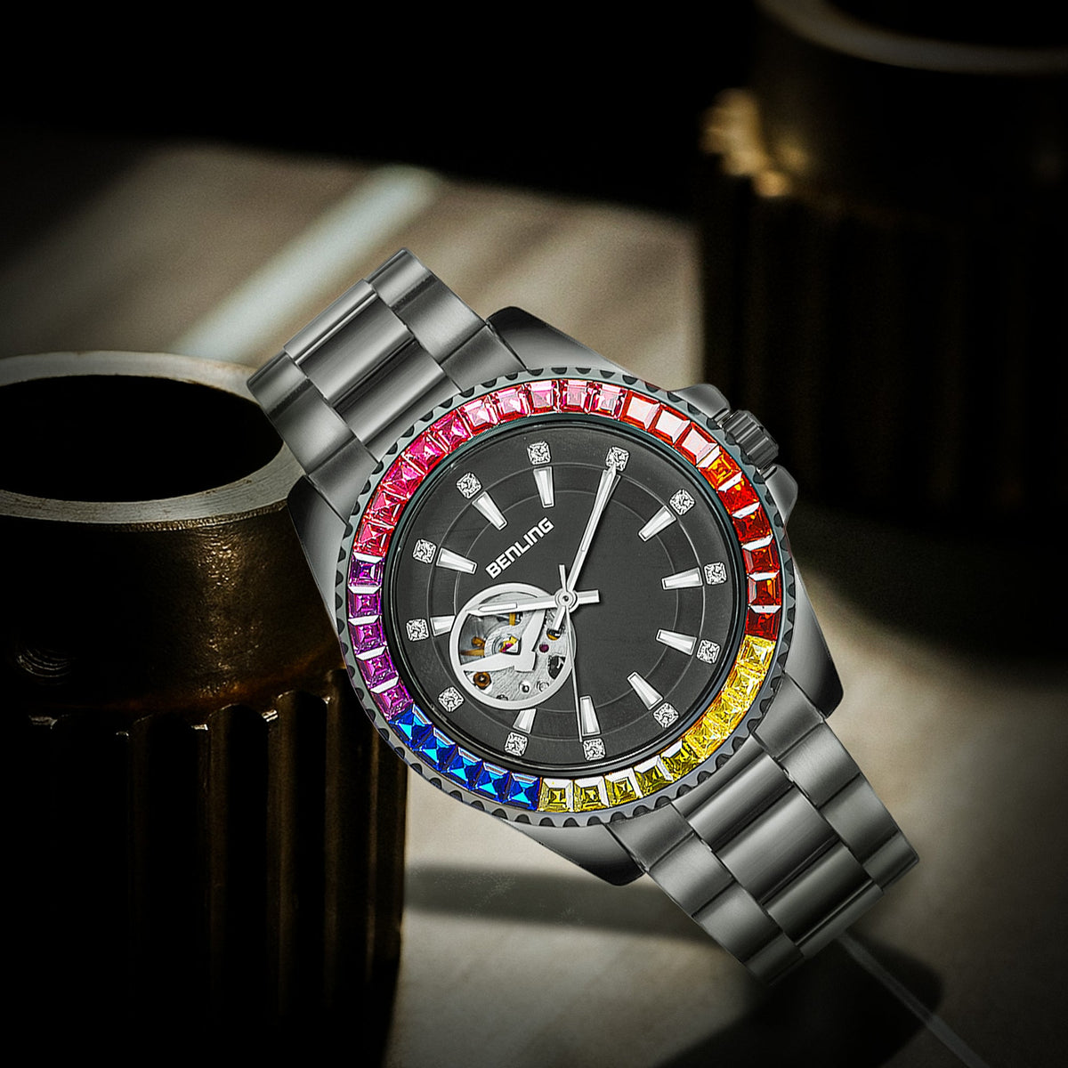 Benling Prism Royale – Rainbow Bezel Automatic with Open Heart Dial Benling