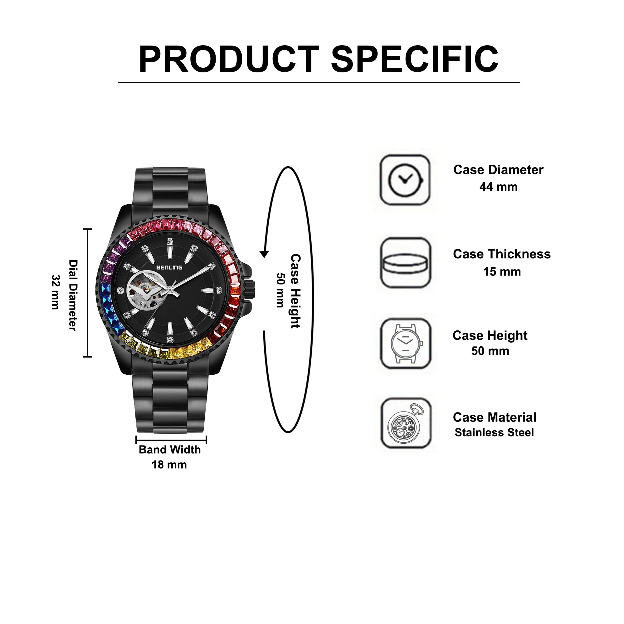 Benling Prism Royale – Rainbow Bezel Automatic with Open Heart Dial