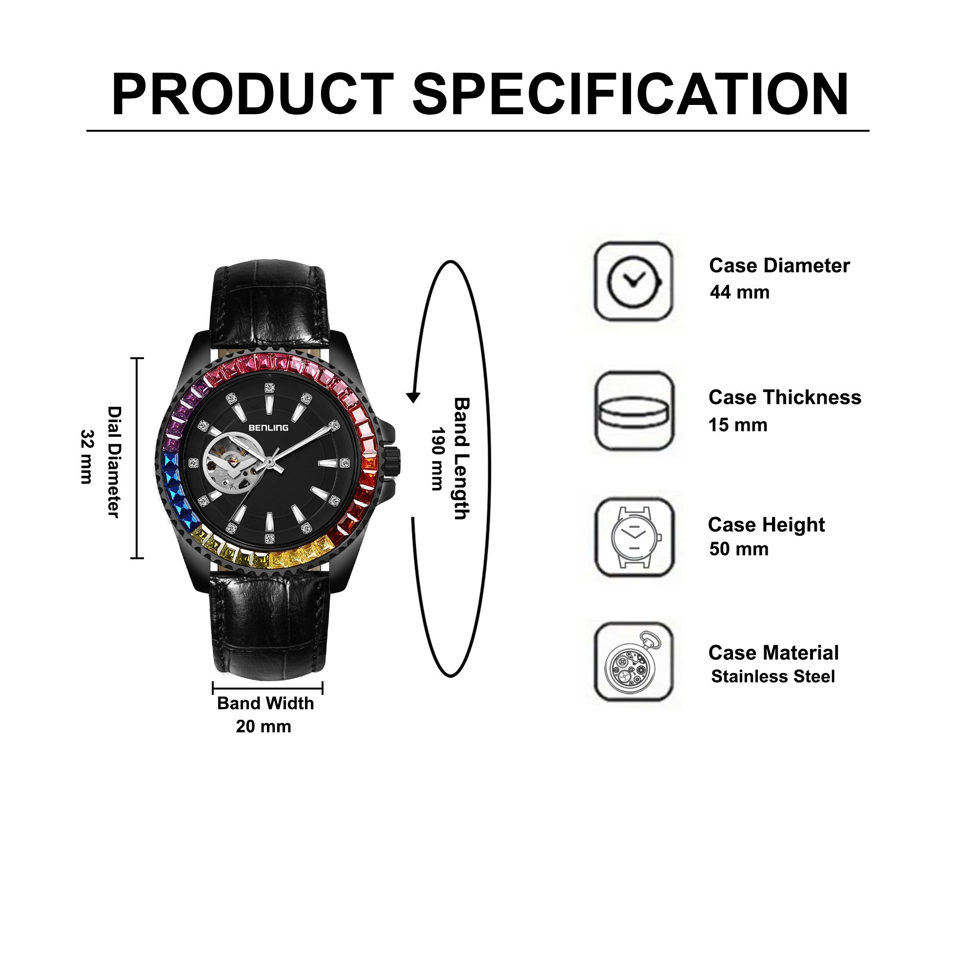 Benling Prism Royale – Rainbow Bezel Automatic with Open Heart Dial