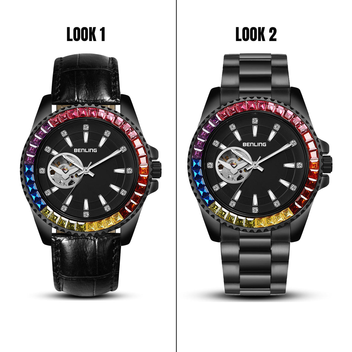 Benling Prism Royale – Rainbow Bezel Automatic with Open Heart Dial Benling