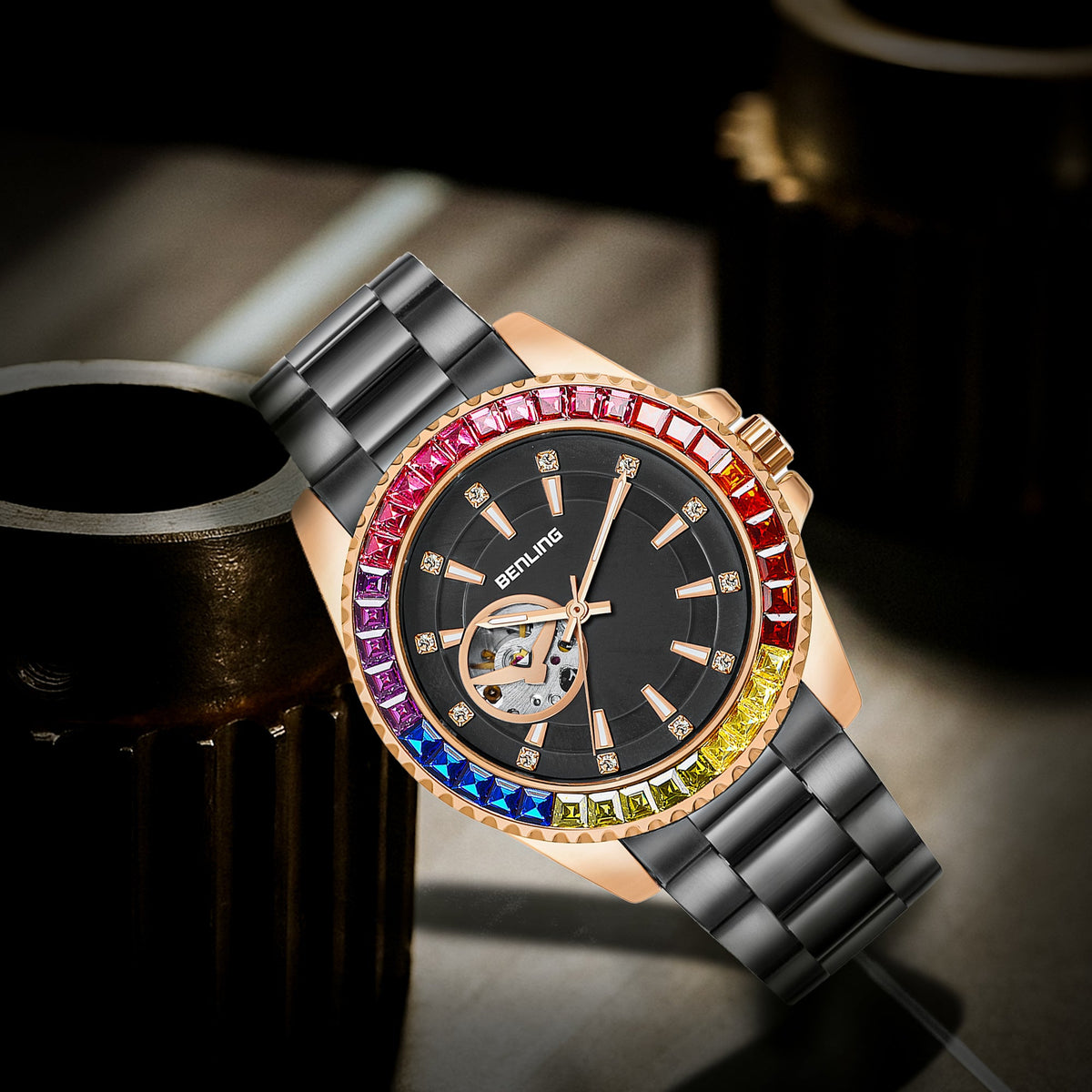 Benling Prism Royale – Rainbow Bezel Automatic with Open Heart Dial Benling