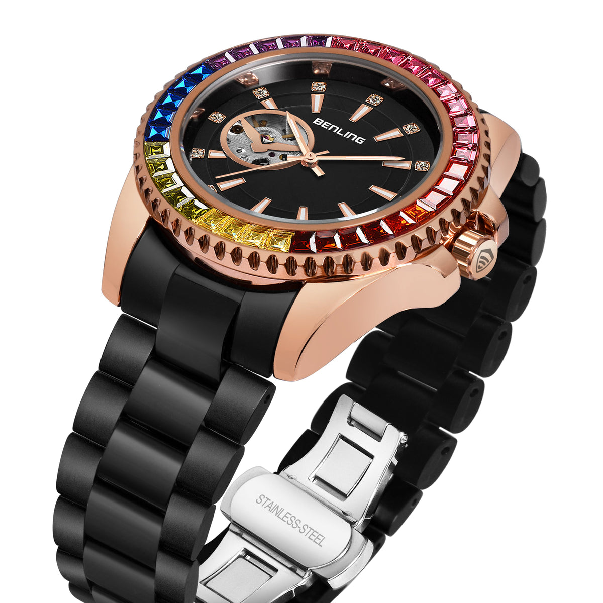 Benling Prism Royale – Rainbow Bezel Automatic with Open Heart Dial Benling