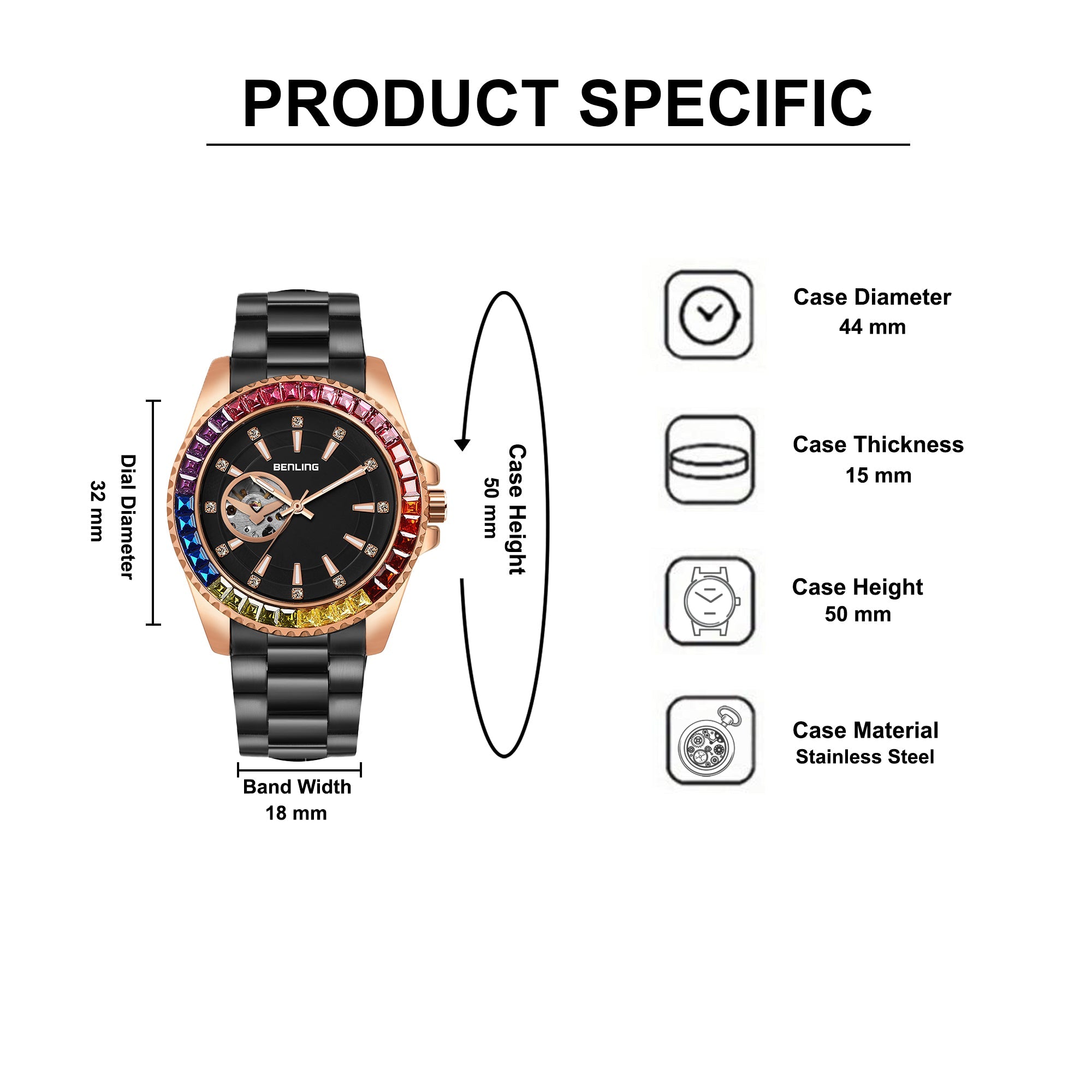 Benling Prism Royale – Rainbow Bezel Automatic with Open Heart Dial