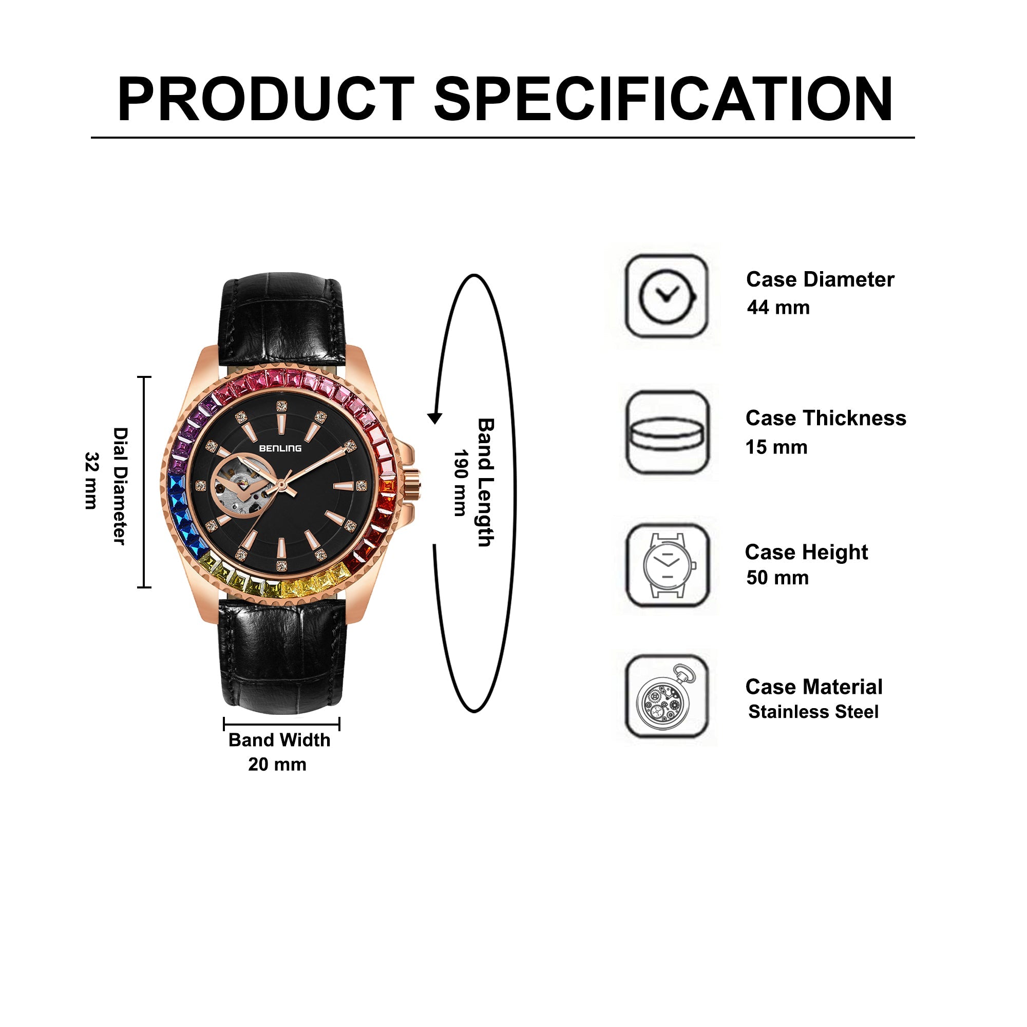 Benling Prism Royale – Rainbow Bezel Automatic with Open Heart Dial