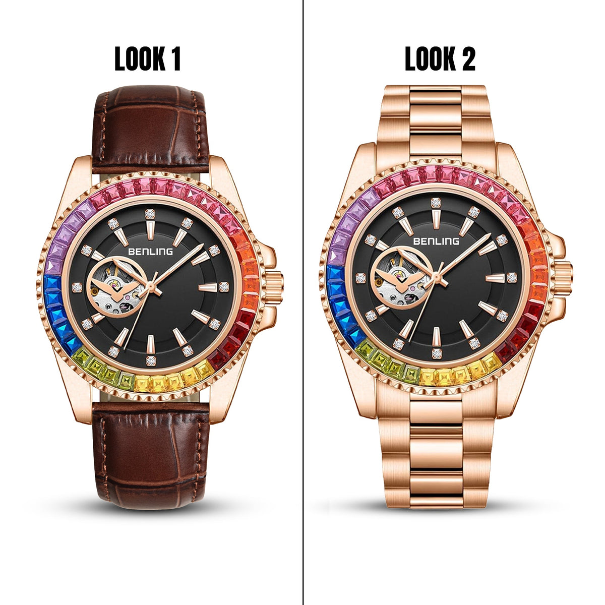 Benling Prism Royale – Rainbow Bezel Automatic with Open Heart Dial Benling