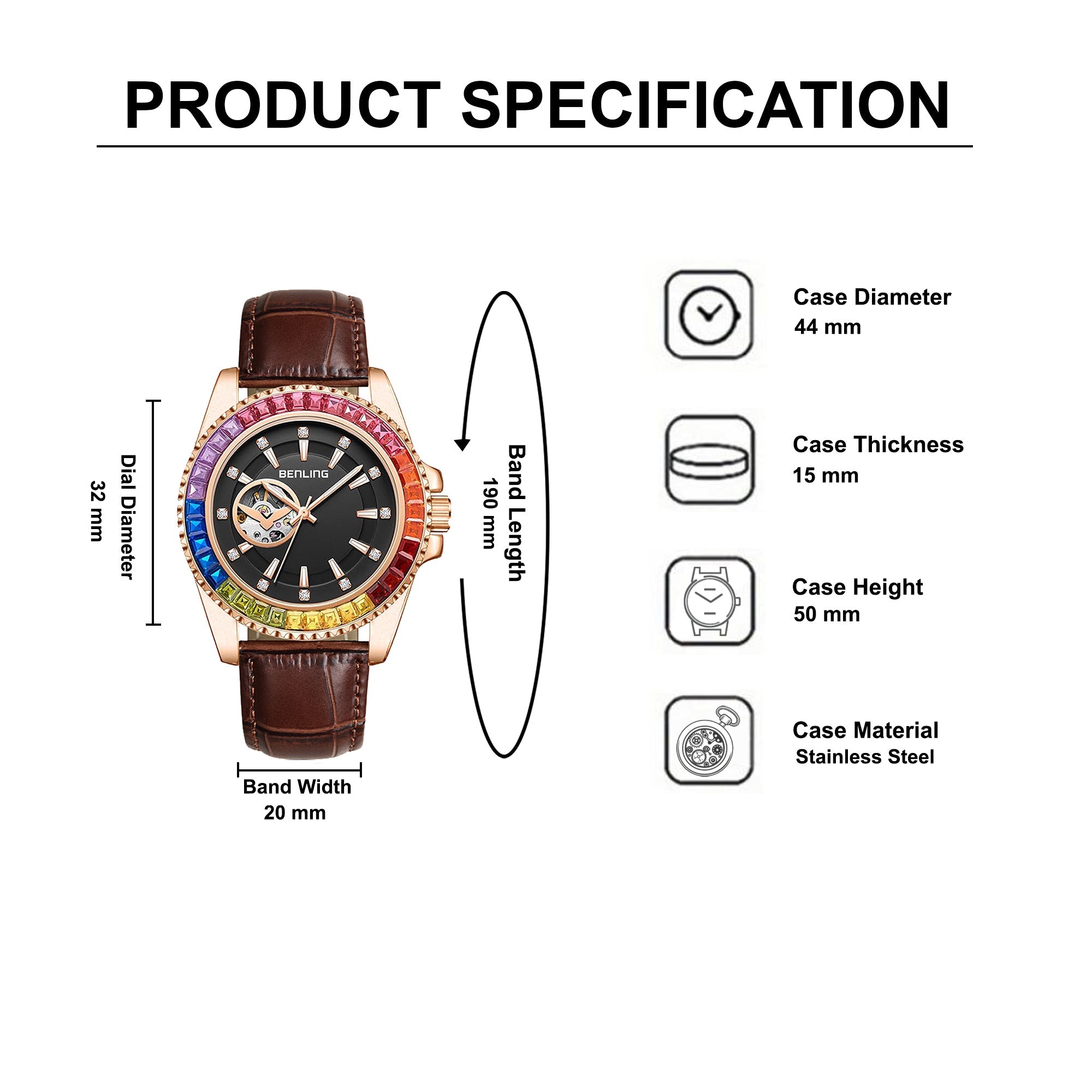 Benling Prism Royale – Rainbow Bezel Automatic with Open Heart Dial