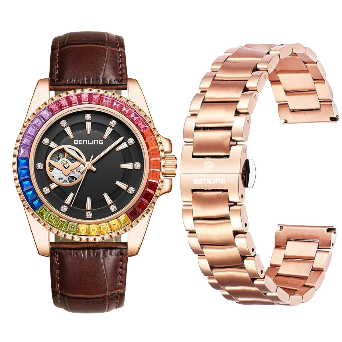 Benling Prism Royale – Rainbow Bezel Automatic with Open Heart Dial Benling