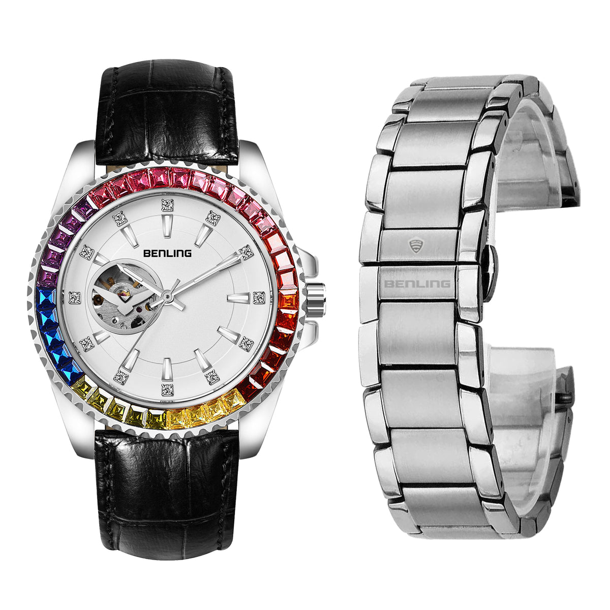 Benling Prism Royale – Rainbow Bezel Automatic with Open Heart Dial Benling