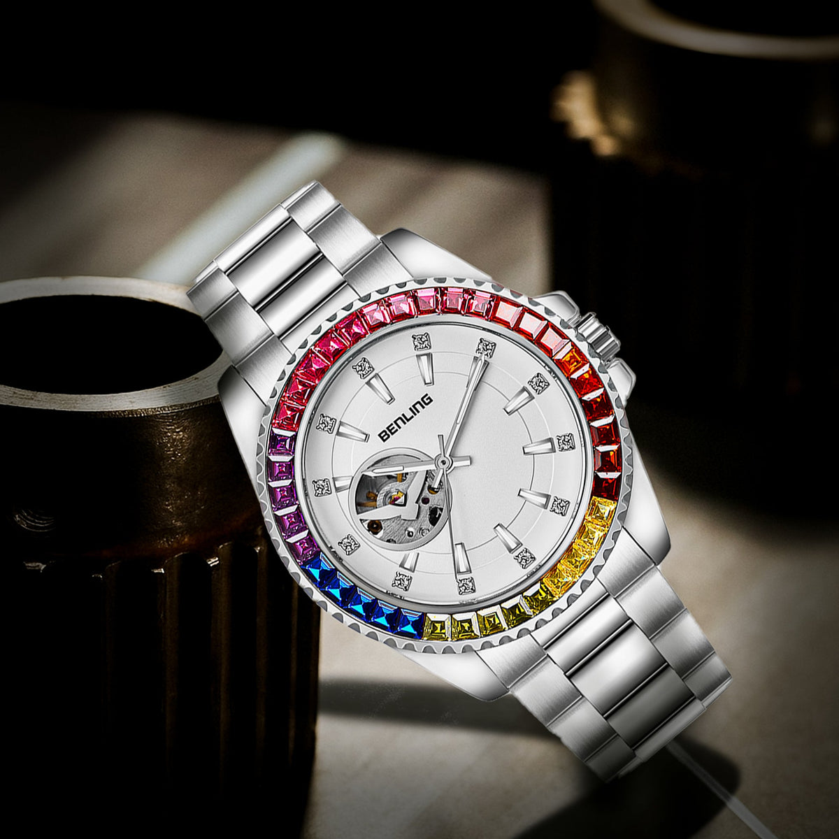 Benling Prism Royale – Rainbow Bezel Automatic with Open Heart Dial Benling