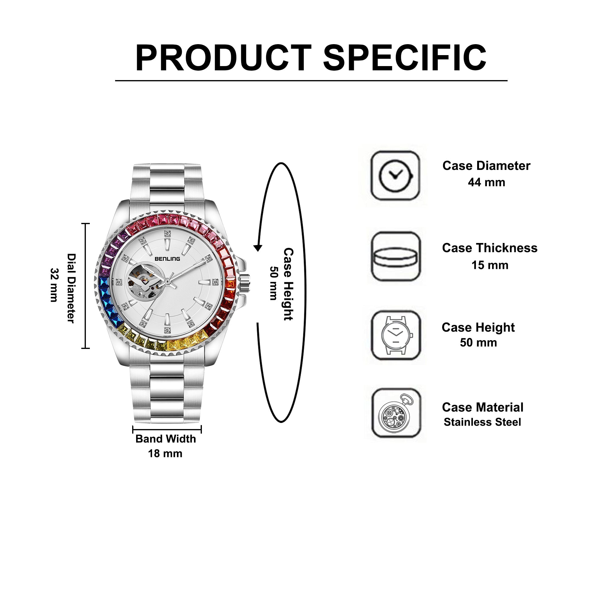 Benling Prism Royale – Rainbow Bezel Automatic with Open Heart Dial