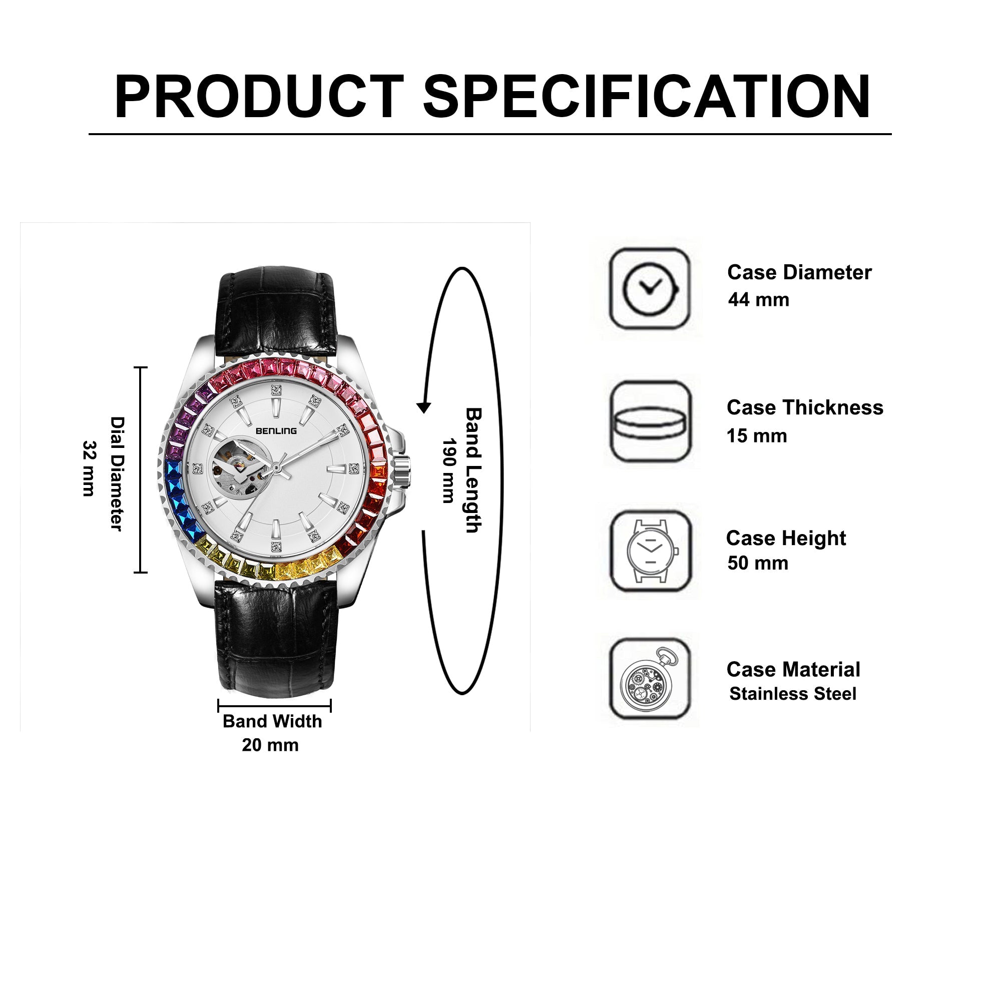 Benling Prism Royale – Rainbow Bezel Automatic with Open Heart Dial