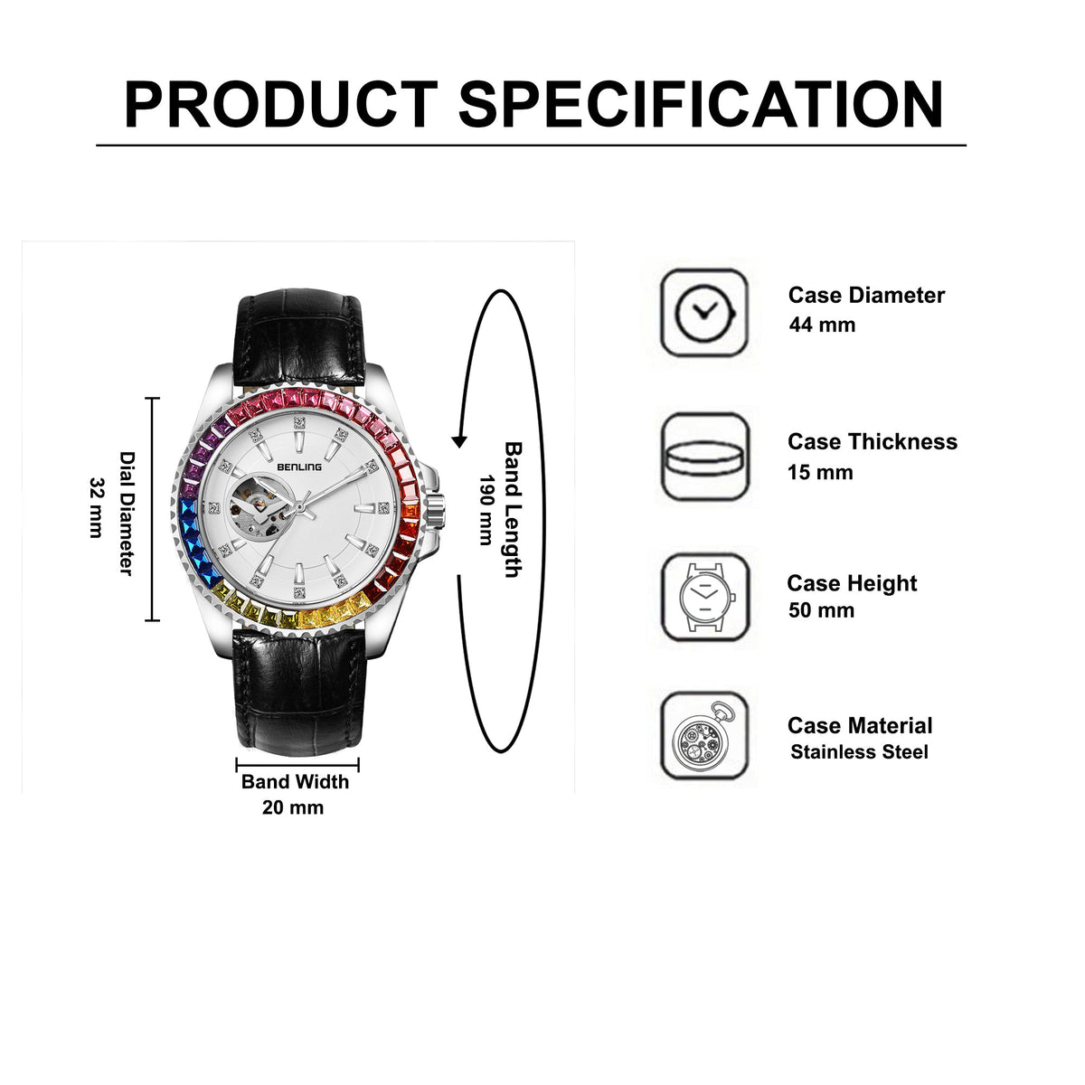 Benling Prism Royale – Rainbow Bezel Automatic with Open Heart Dial Benling