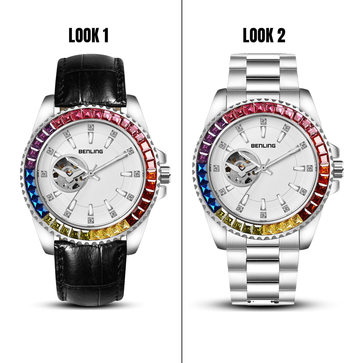 Benling Prism Royale – Rainbow Bezel Automatic with Open Heart Dial Benling
