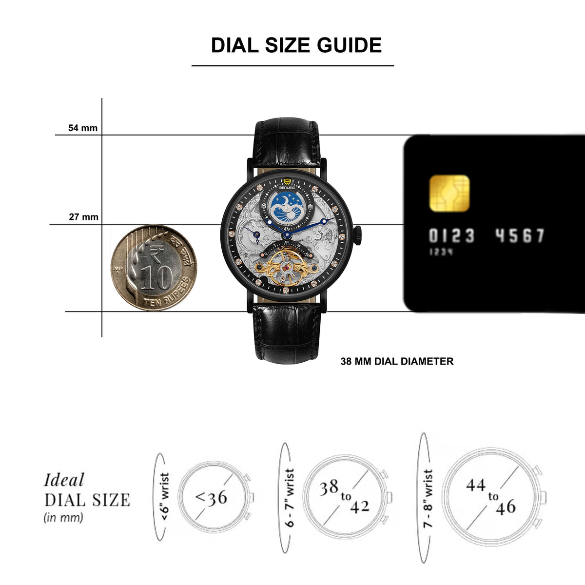 Benling Astroworld Tourbillon Automatic Watch for Men – Dual Time | Moonphase | Skeleton Dial | With Leather Strap & Stainless Steel Chain Benling