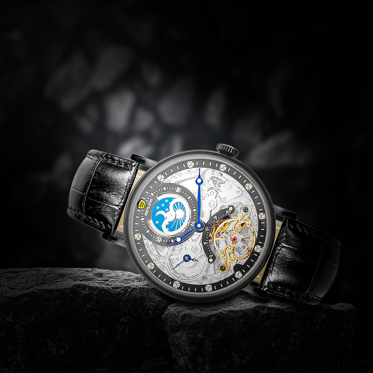 Benling Astroworld Tourbillon Automatic Watch for Men – Dual Time | Moonphase | Skeleton Dial | With Leather Strap & Stainless Steel Chain Benling