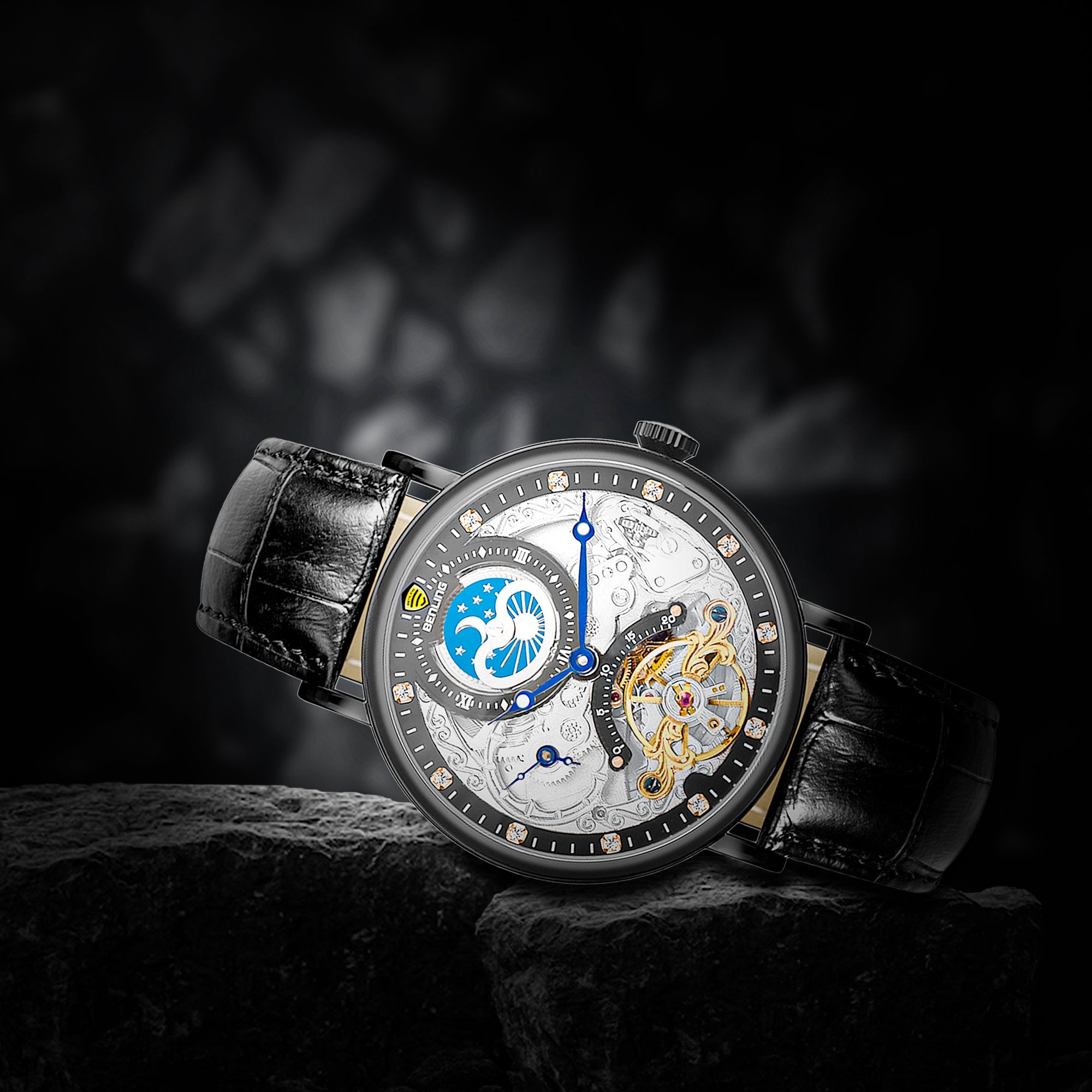 Benling Astroworld Tourbillon Automatic Watch for Men – Dual Time | Moonphase | Skeleton Dial | Premium Leather Strap