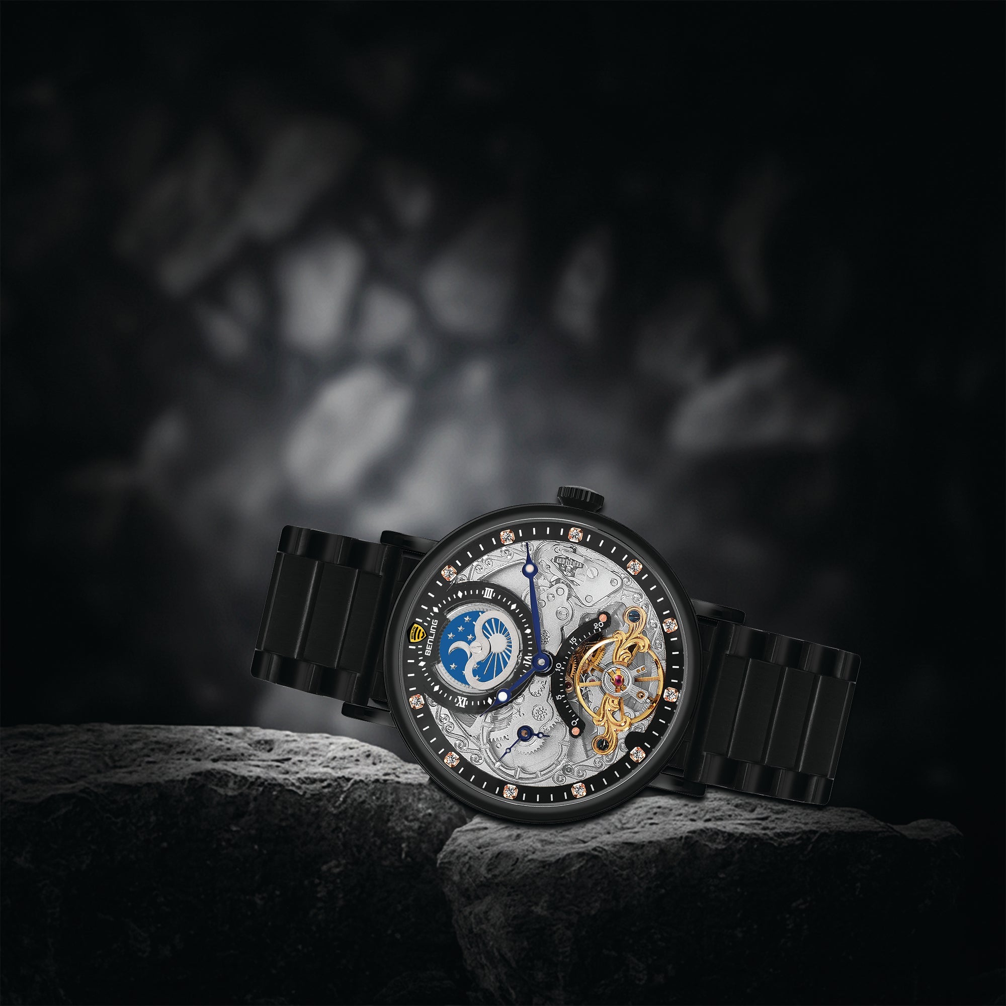 Benling Astroworld Tourbillon Automatic Watch for Men – Dual Time | Moonphase | Skeleton Dial | Stainless Steel Chain