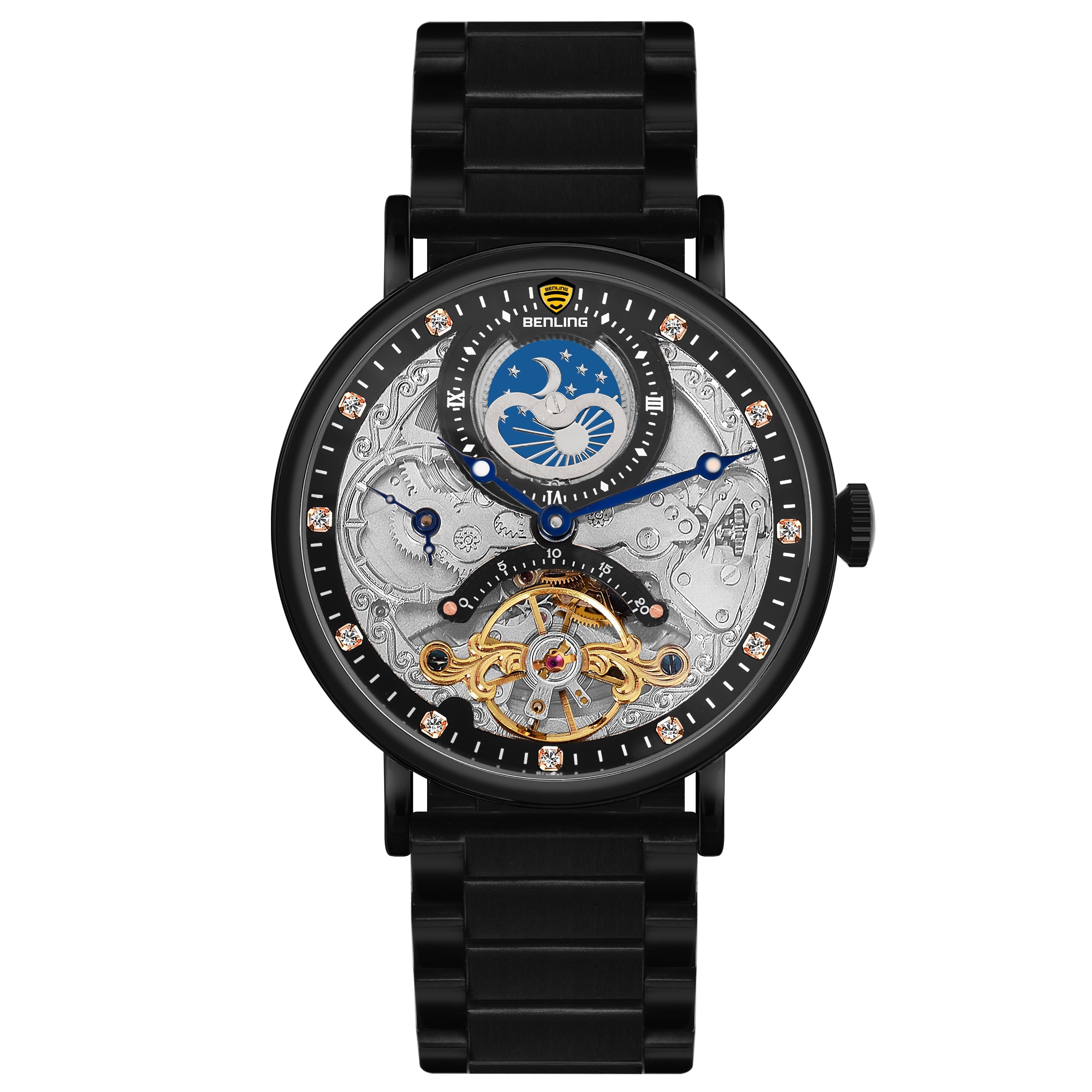 Benling Astroworld Tourbillon Automatic Watch for Men – Dual Time | Moonphase | Skeleton Dial | Stainless Steel Chain