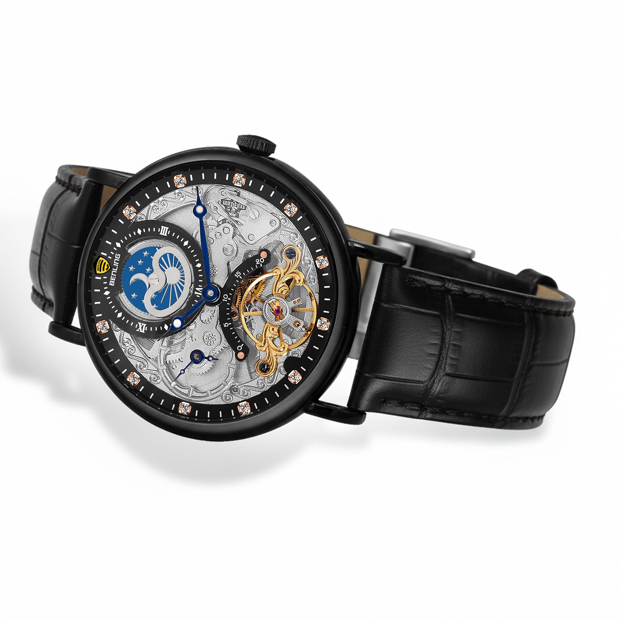 Benling Astroworld Tourbillon Automatic Watch for Men – Dual Time | Moonphase | Skeleton Dial | Premium Leather Strap