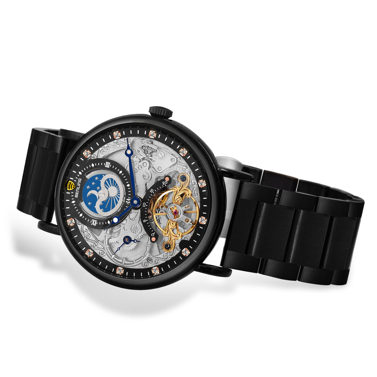 Benling Astroworld Tourbillon Automatic Watch for Men – Dual Time | Moonphase | Skeleton Dial | Stainless Steel Chain Benling