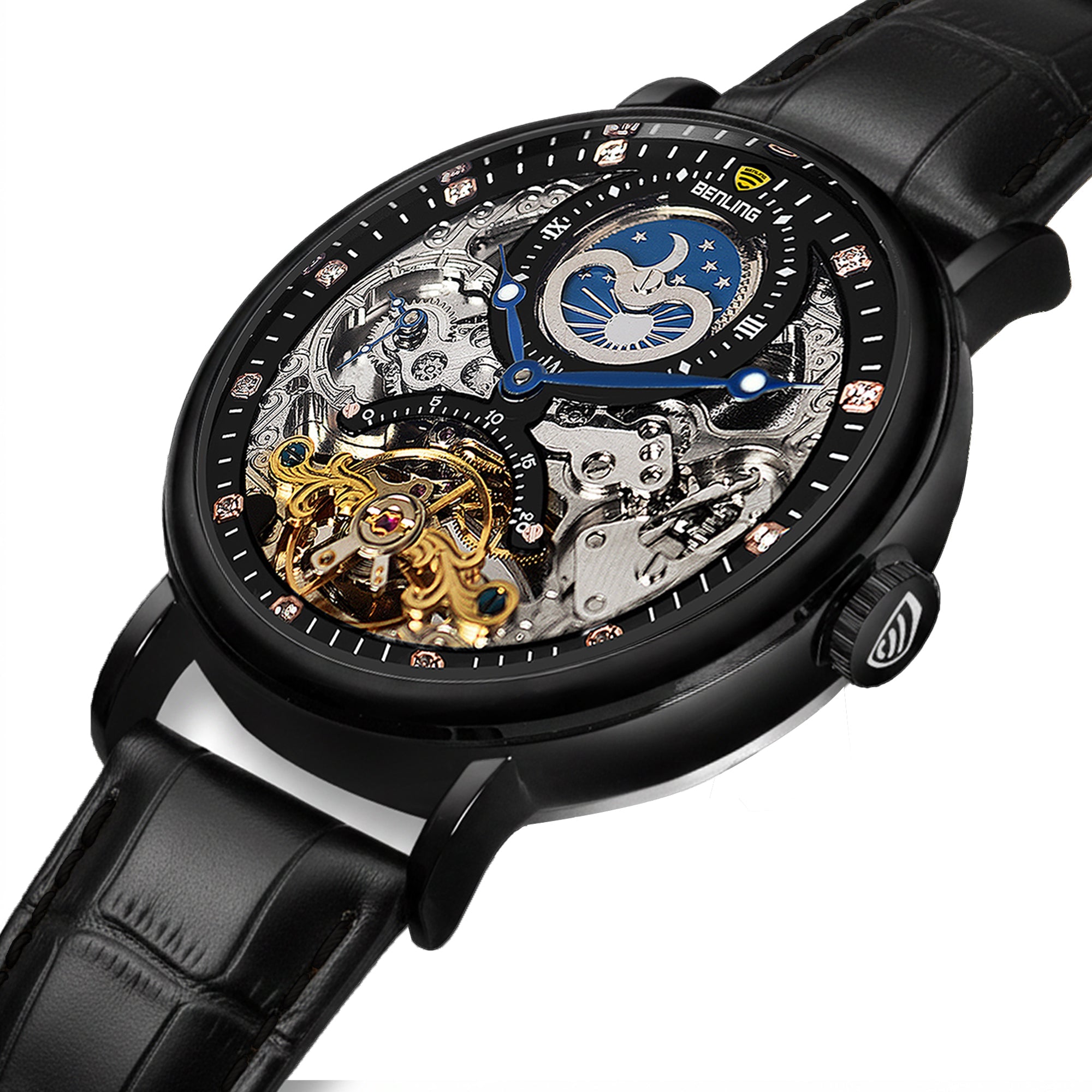 Benling Astroworld Tourbillon Automatic Watch for Men – Dual Time | Moonphase | Skeleton Dial | Premium Leather Strap