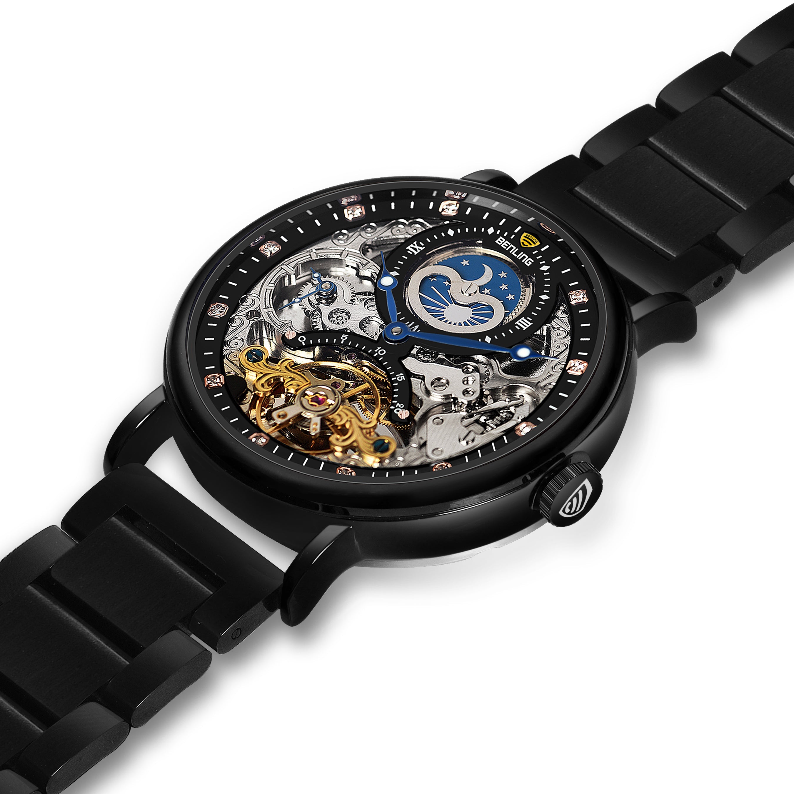 Benling Astroworld Tourbillon Automatic Watch for Men – Dual Time | Moonphase | Skeleton Dial | Stainless Steel Chain