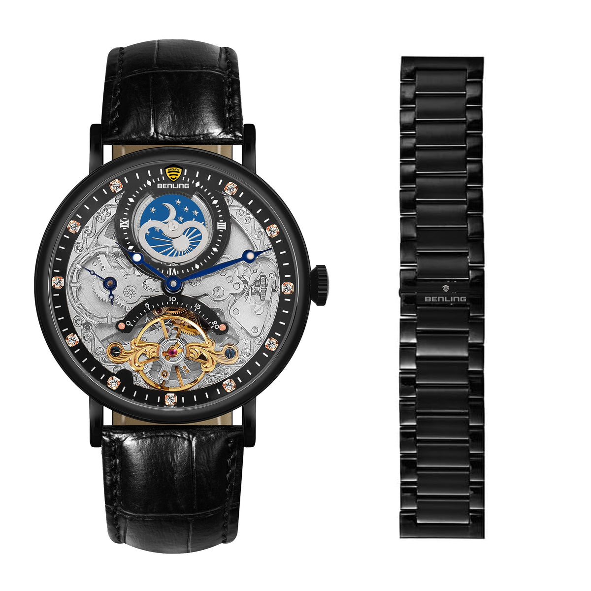 Benling Astroworld Tourbillon Automatic Watch for Men – Dual Time | Moonphase | Skeleton Dial | With Leather Strap & Stainless Steel Chain Benling