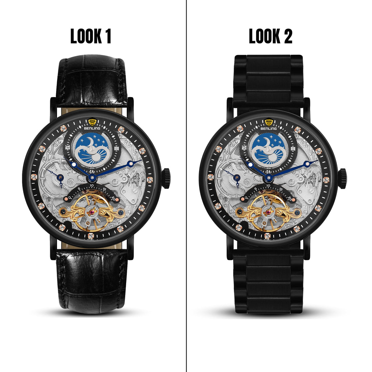 Benling Astroworld Tourbillon Automatic Watch for Men – Dual Time | Moonphase | Skeleton Dial | With Leather Strap & Stainless Steel Chain Benling