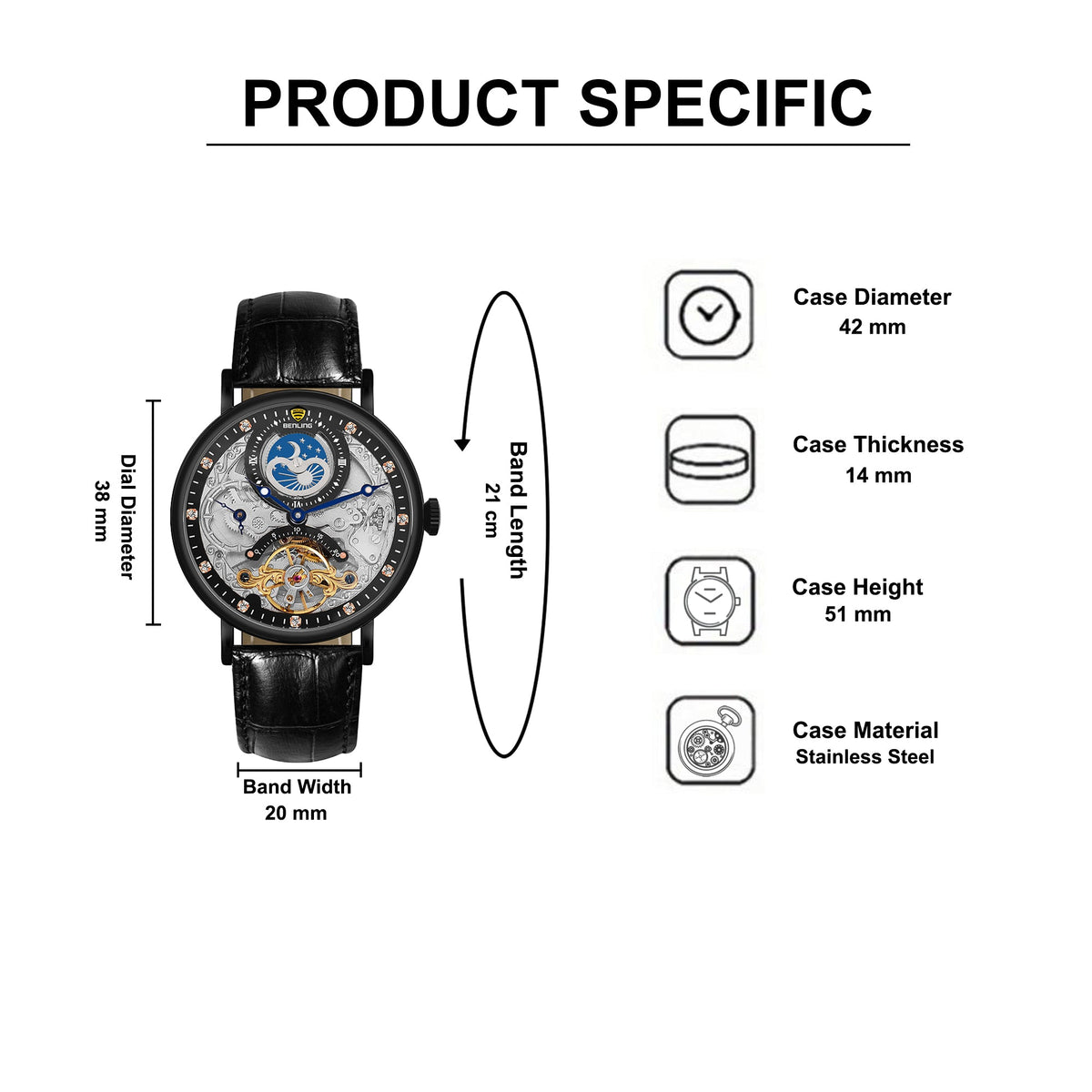 Benling Astroworld Tourbillon Automatic Watch for Men – Dual Time | Moonphase | Skeleton Dial | With Leather Strap & Stainless Steel Chain Benling