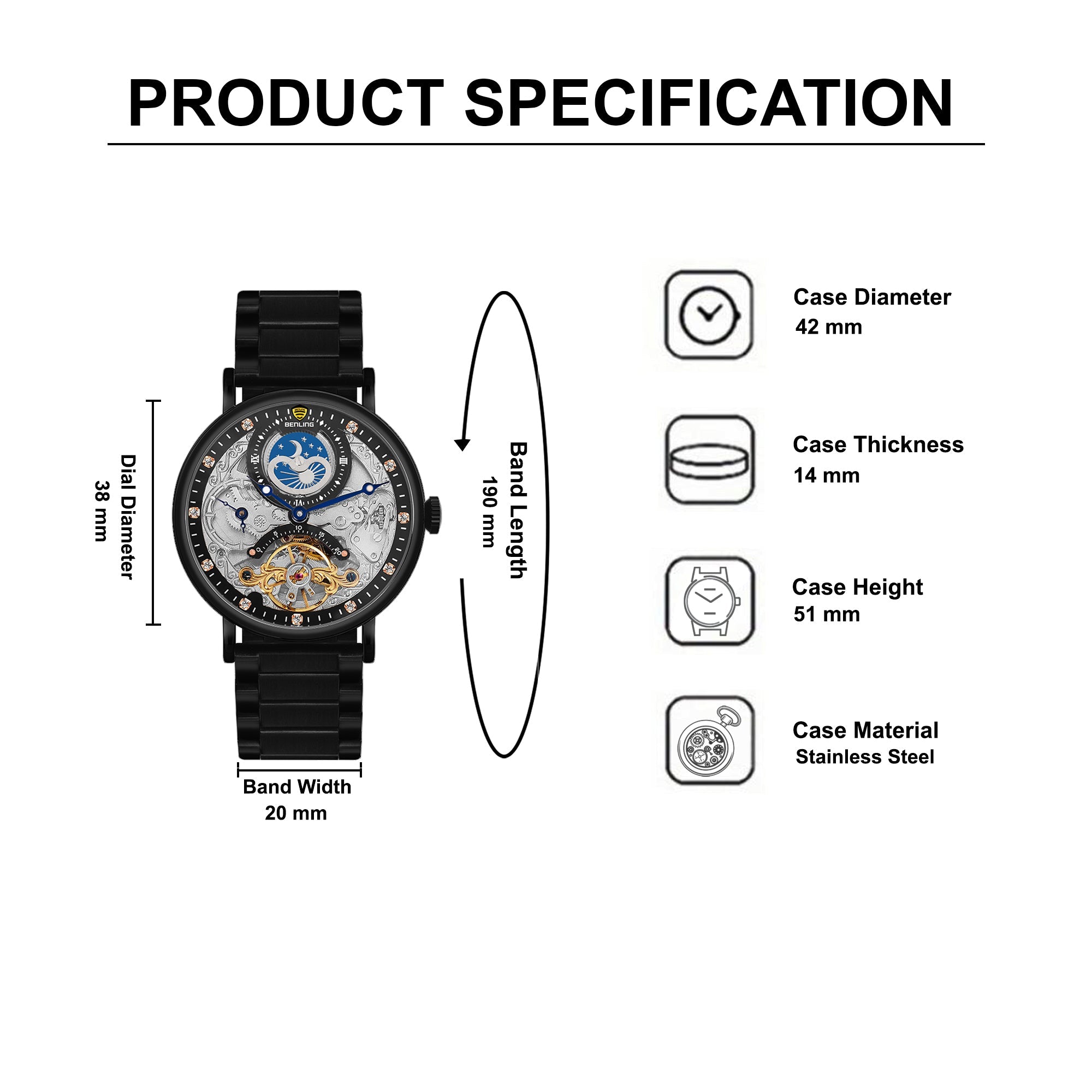 Benling Astroworld Tourbillon Automatic Watch for Men – Dual Time | Moonphase | Skeleton Dial | Stainless Steel Chain