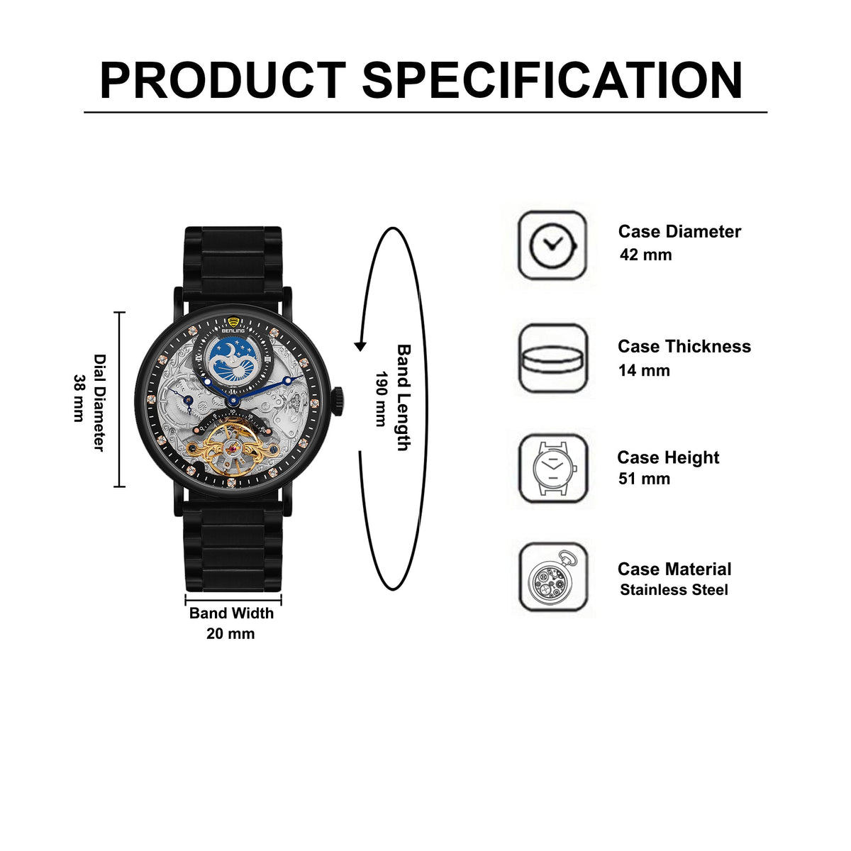 Benling Astroworld Tourbillon Automatic Watch for Men – Dual Time | Moonphase | Skeleton Dial | Stainless Steel Chain Benling