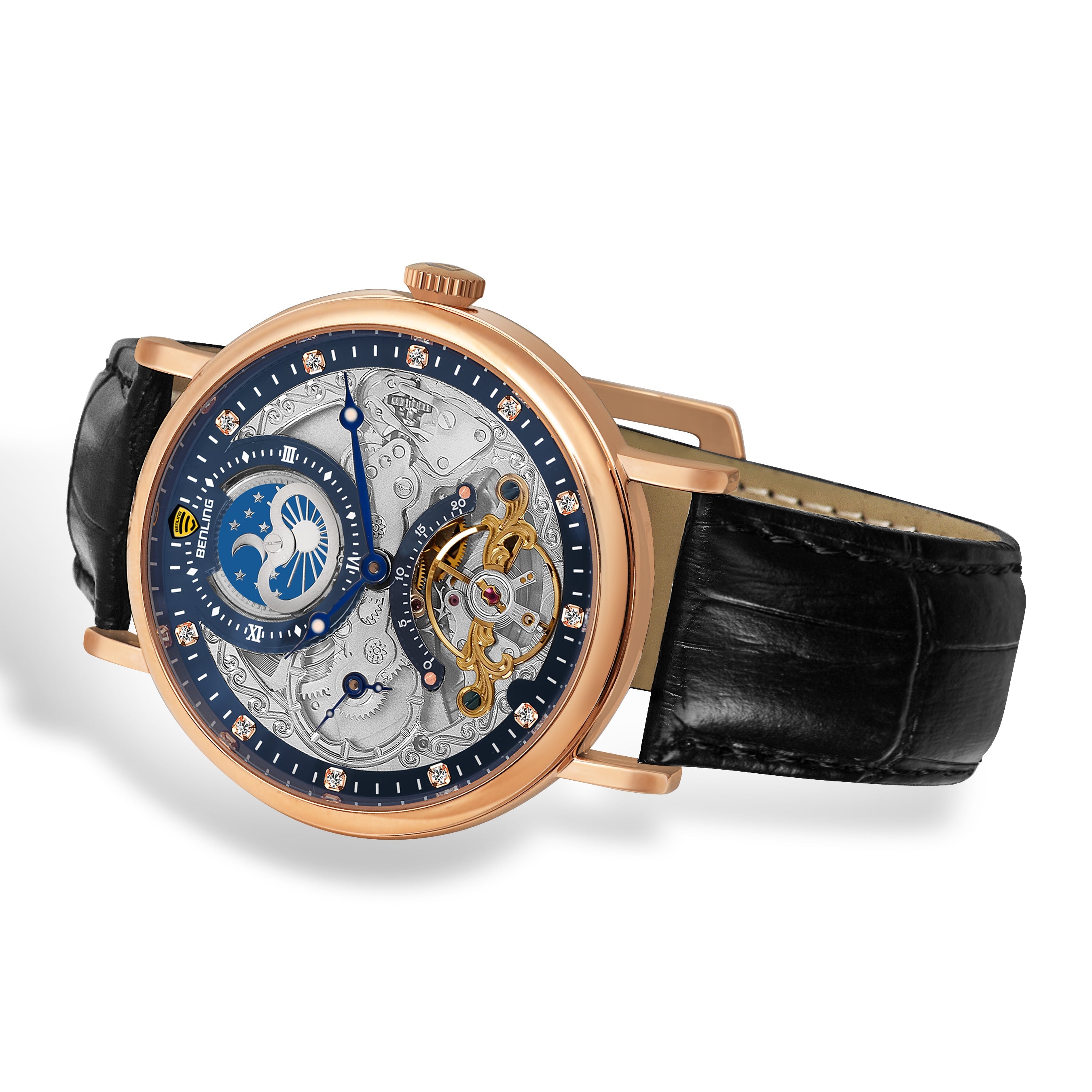 Benling Astroworld Tourbillon Automatic Watch for Men – Dual Time | Moonphase | Skeleton Dial | Premium Leather Strap