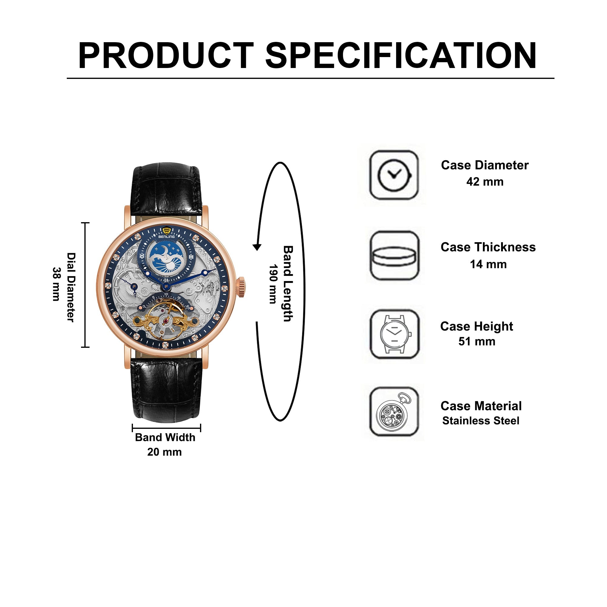 Benling Astroworld Tourbillon Automatic Watch for Men – Dual Time | Moonphase | Skeleton Dial | Premium Leather Strap