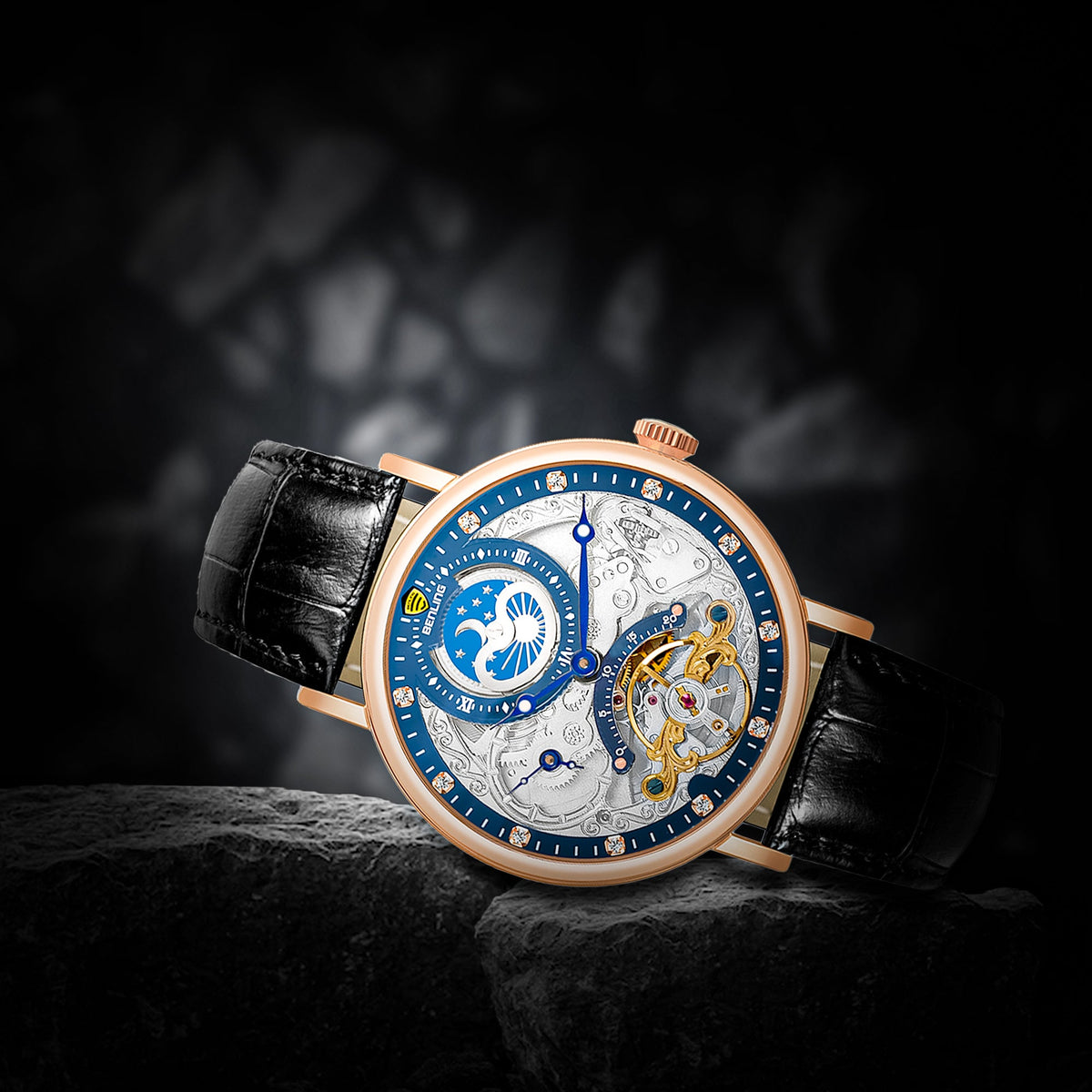 Benling Astroworld Tourbillon Automatic Watch for Men – Dual Time | Moonphase | Skeleton Dial | With Leather Strap & Stainless Steel Chain Benling