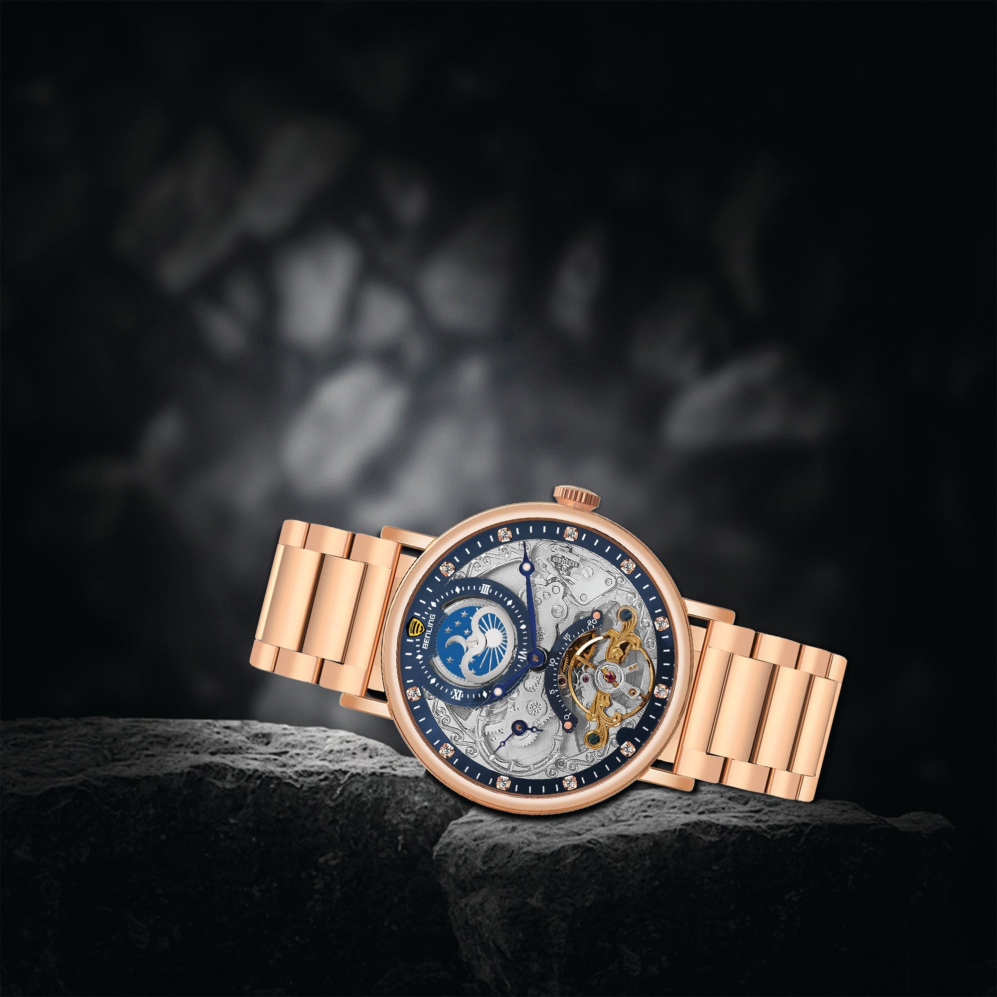 Benling Astroworld Tourbillon Automatic Watch for Men – Dual Time | Moonphase | Skeleton Dial | Stainless Steel Chain