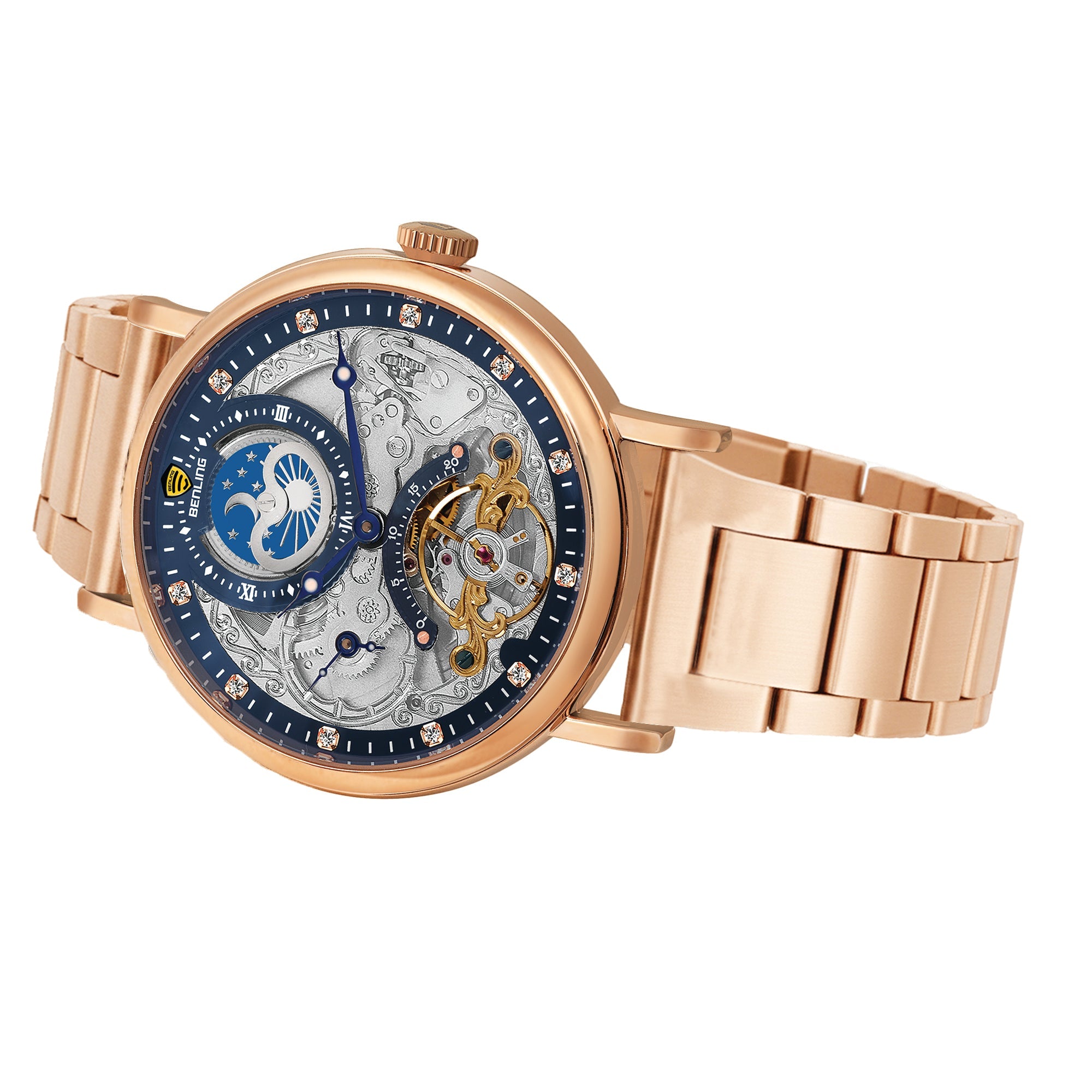 Benling Astroworld Tourbillon Automatic Watch for Men – Dual Time | Moonphase | Skeleton Dial | Stainless Steel Chain