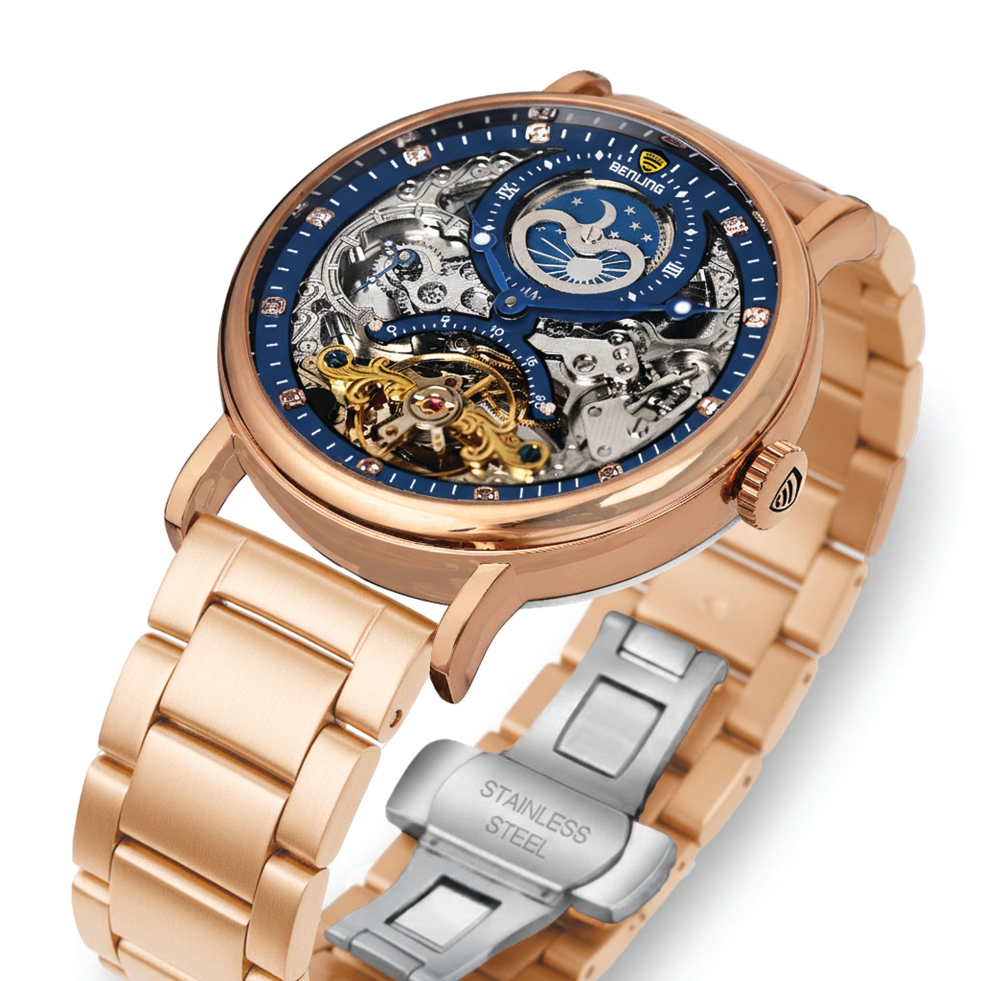 Benling Astroworld Tourbillon Automatic Watch for Men – Dual Time | Moonphase | Skeleton Dial | Stainless Steel Chain