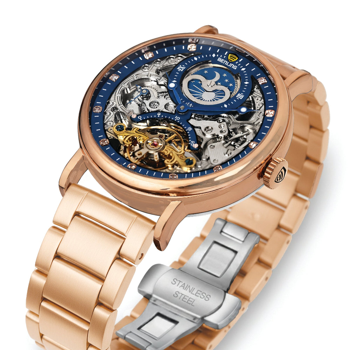 Benling Astroworld Tourbillon Automatic Watch for Men – Dual Time | Moonphase | Skeleton Dial | Stainless Steel Chain Benling