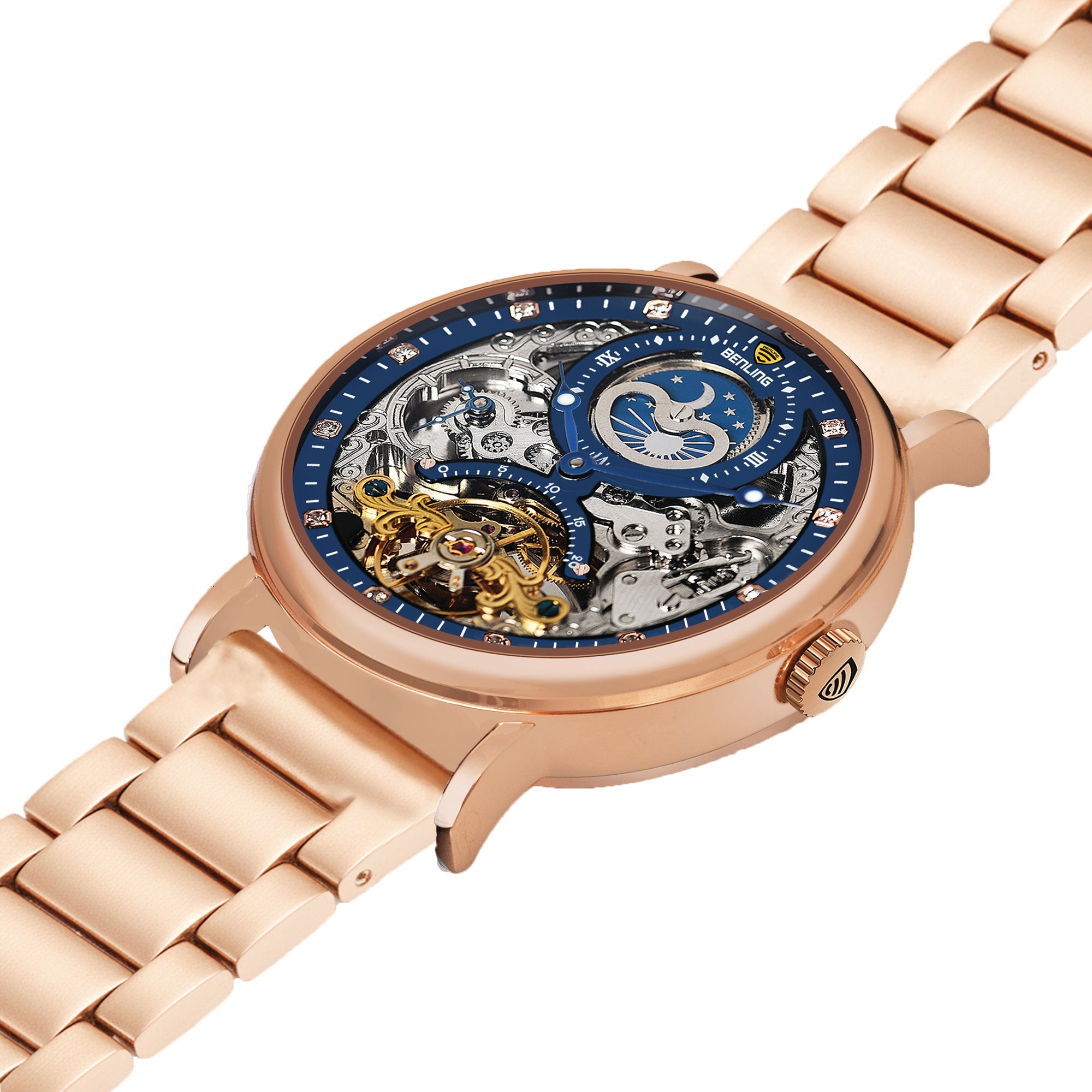 Benling Astroworld Tourbillon Automatic Watch for Men – Dual Time | Moonphase | Skeleton Dial | Stainless Steel Chain