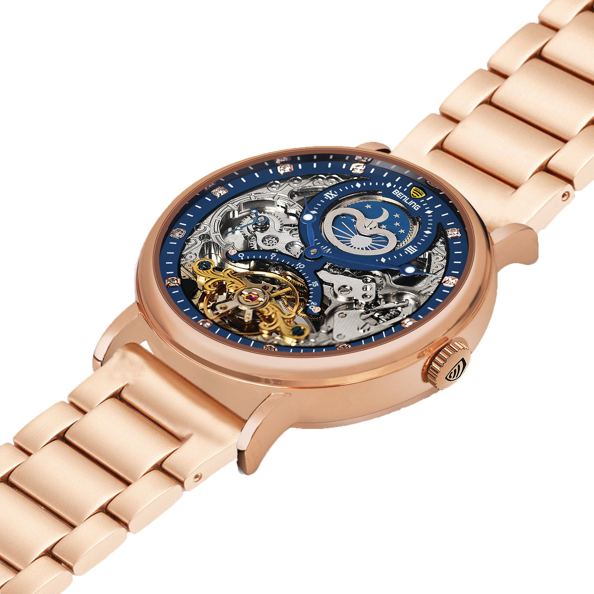 Benling Astroworld Tourbillon Automatic Watch for Men – Dual Time | Moonphase | Skeleton Dial | Stainless Steel Chain Benling